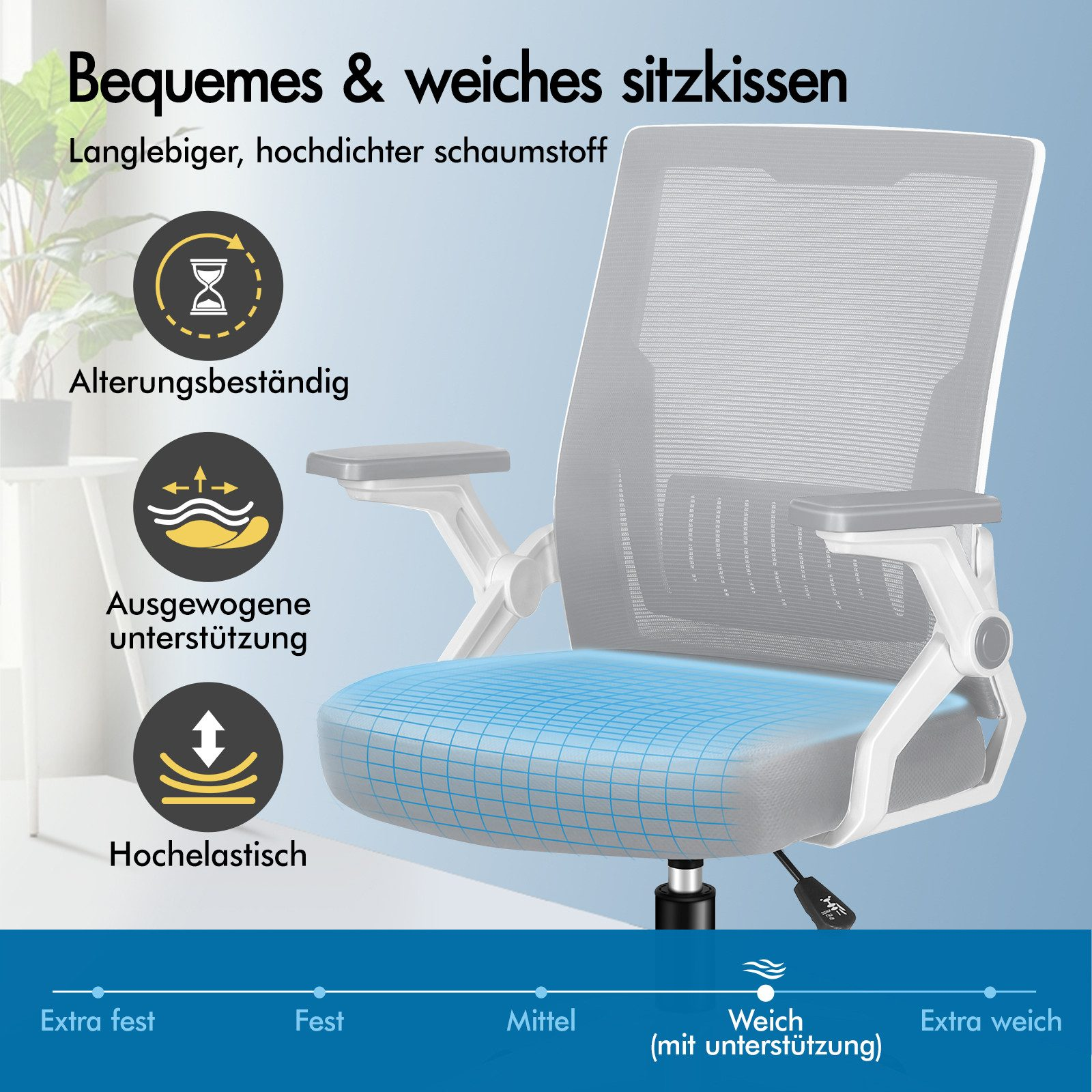 Ein Bürostuhl mit Mesh-Rückenlehne und gepolsterter Sitzfläche, die die Unterstützung zeigt.