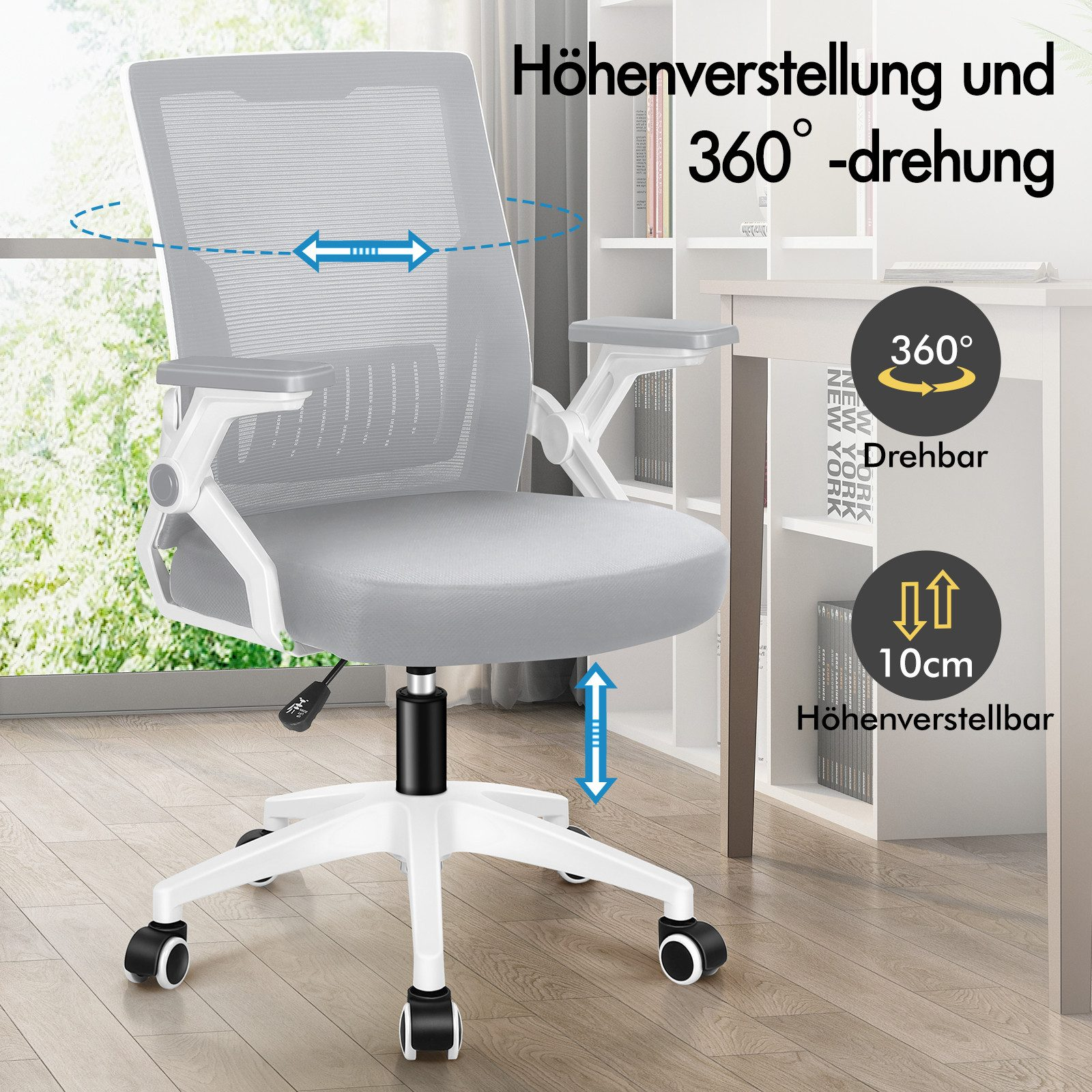 Grauer Bürostuhl mit 360-Grad-Drehung und Höhenverstellung um 10cm.