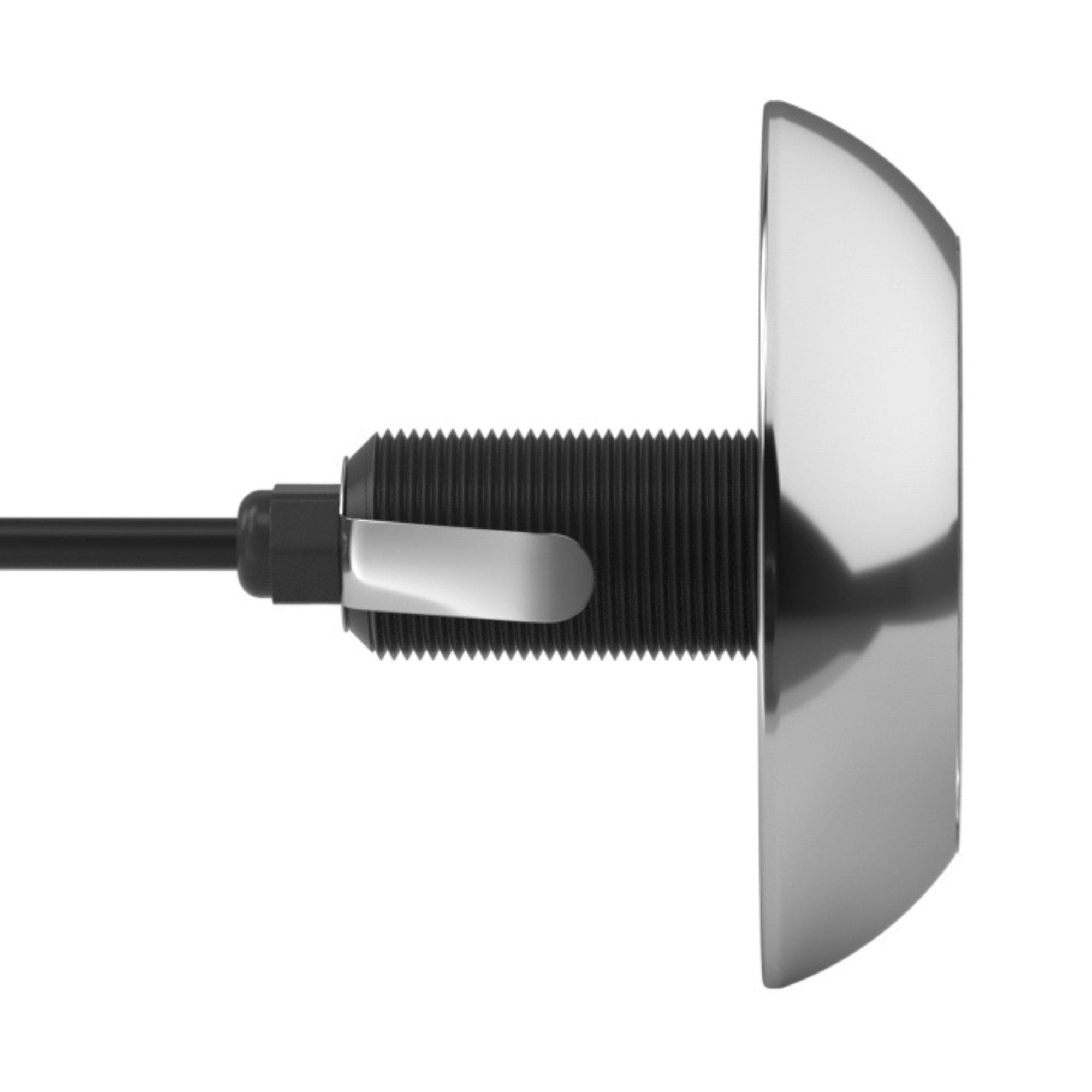 Un botón plateado pulido con rosca negra y cable.