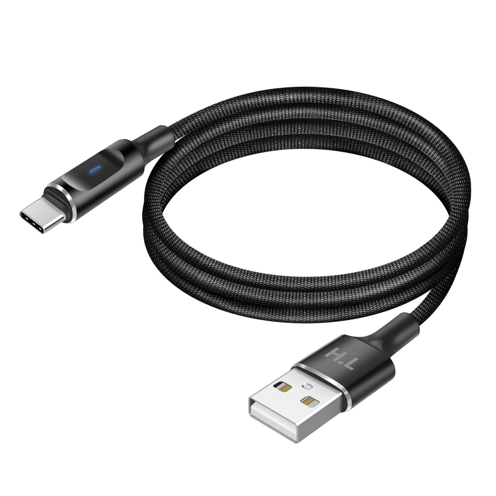 Un cavo USB-C nero con connettore USB-A e indicatore LED blu.