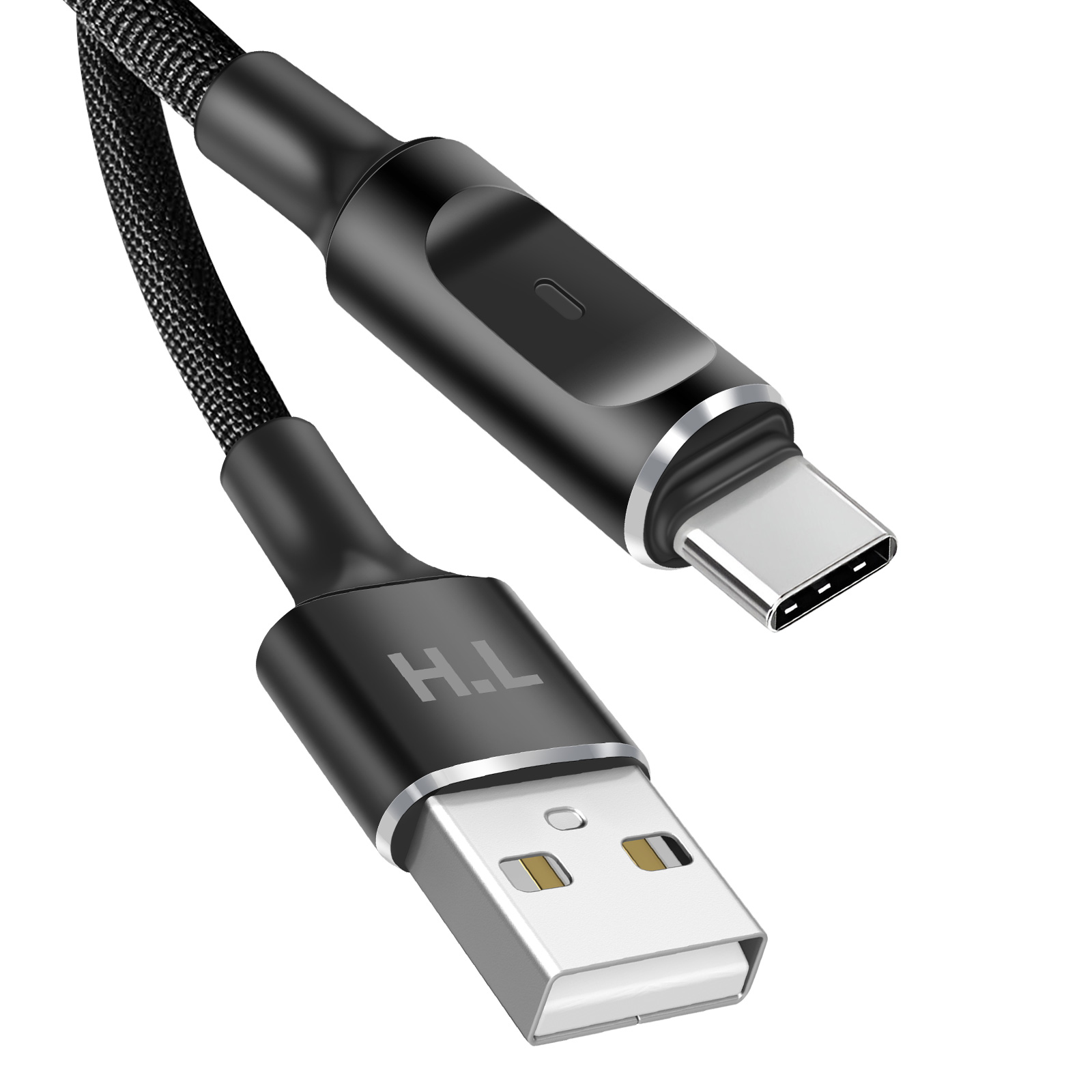 Un cavo USB-C a USB-A nero intrecciato su sfondo bianco.