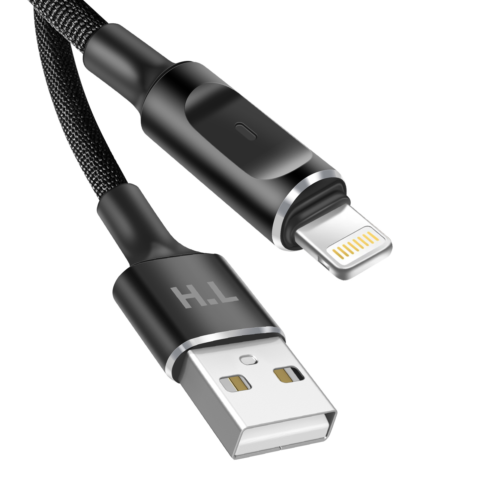 Un câble USB vers Lightning noir avec logo H.L et connecteurs argentés.