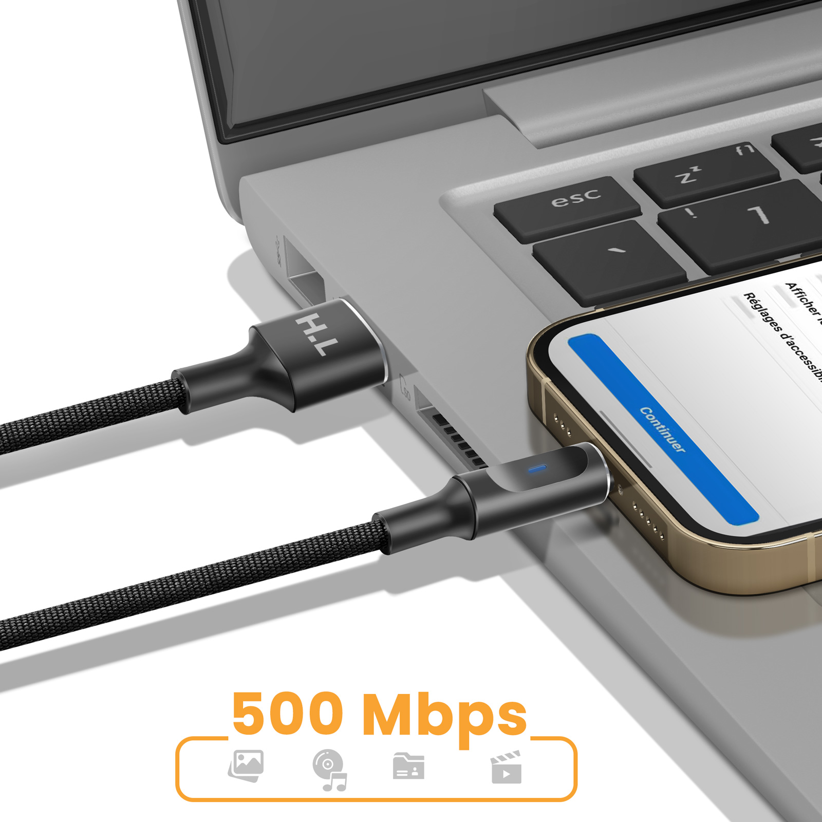Un câble noir relie un smartphone à un ordinateur portable. "500 Mbps" est affiché en bas.