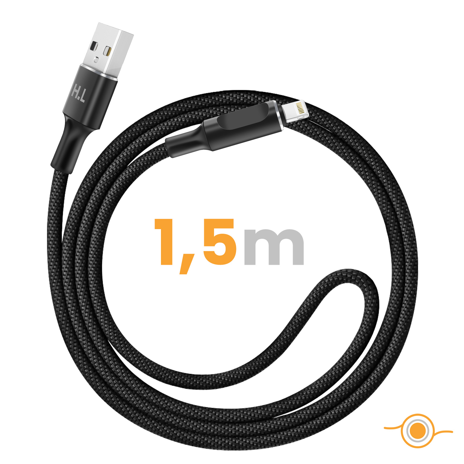 Câble de chargement USB noir de 1,5 m avec connecteur Lightning.