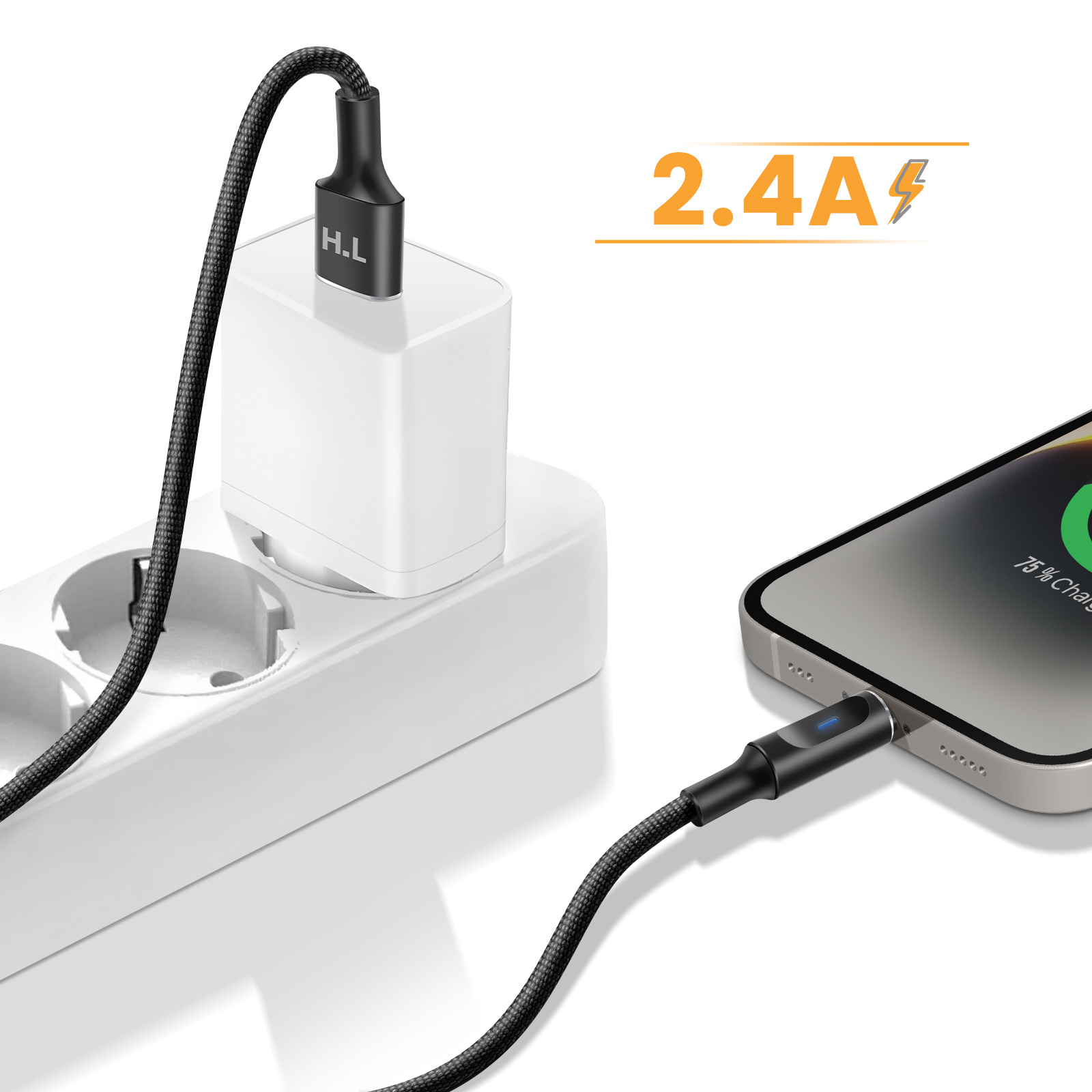 Un câble de chargement noir se connecte à un smartphone. Un adaptateur secteur est branché.
