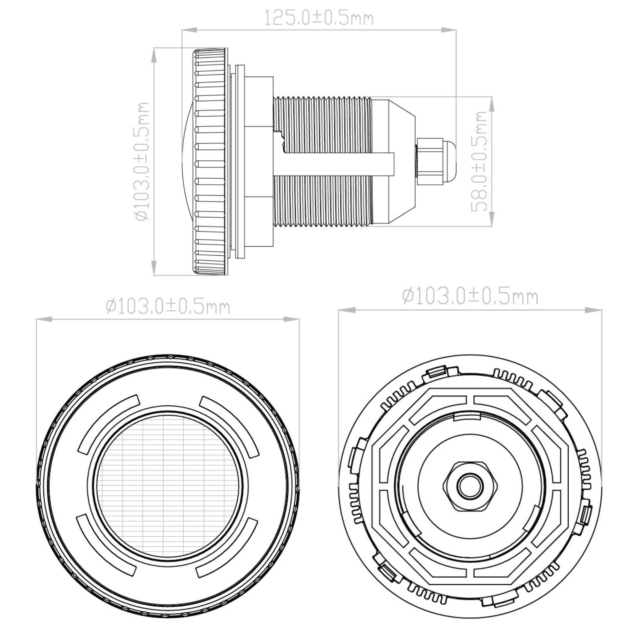 Dibujo técnico de un componente roscado con dimensiones. Se muestran vistas lateral y superior.