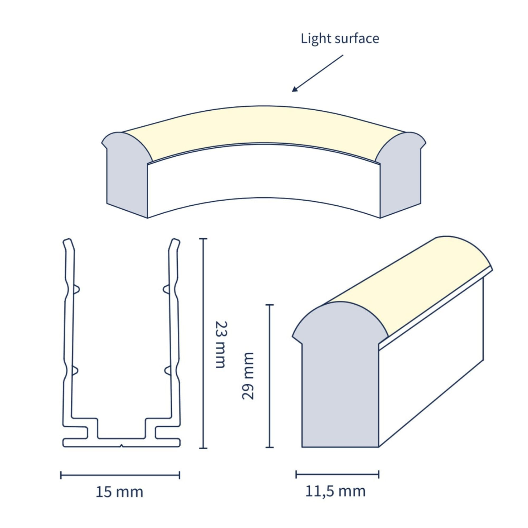 Dibujo técnico de un perfil curvo con dimensiones.