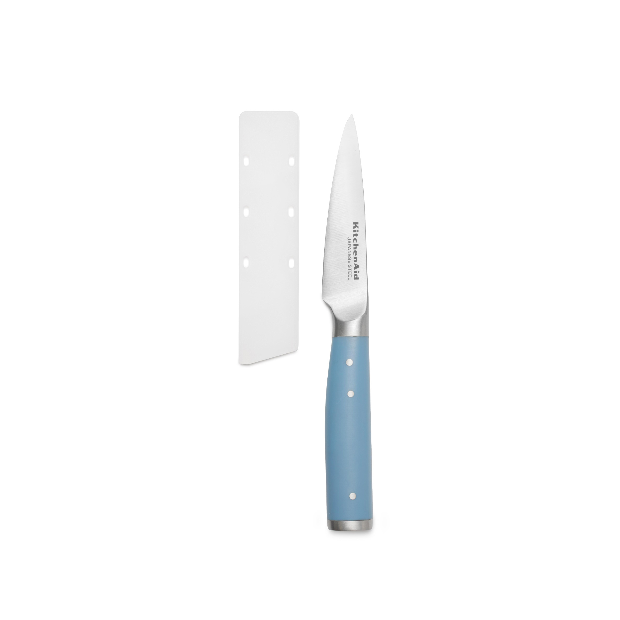 Ein blaugriff Messer mit Klinge und Schutz.