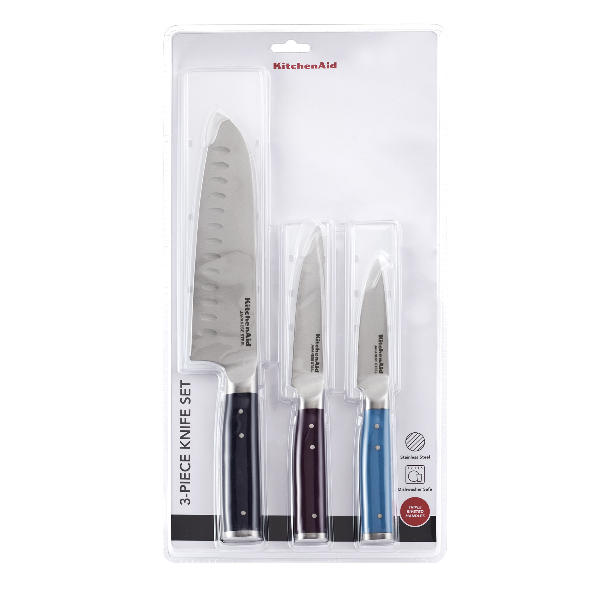 KitchenAid 3-teiliges Messerset mit silbernen Klingen und dunklen Griffen.