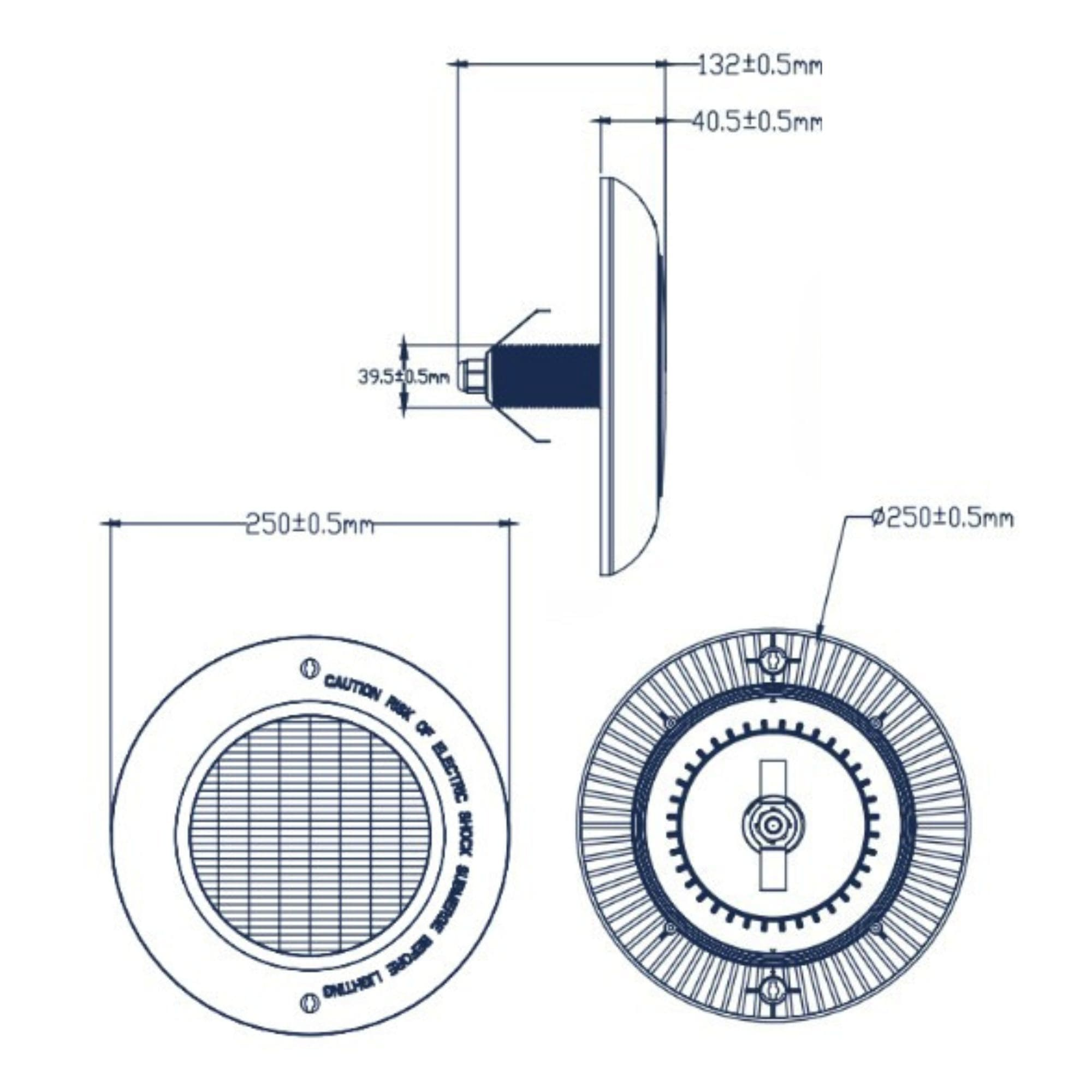 Dibujo técnico de un dispositivo redondo con dimensiones y etiquetas de advertencia.