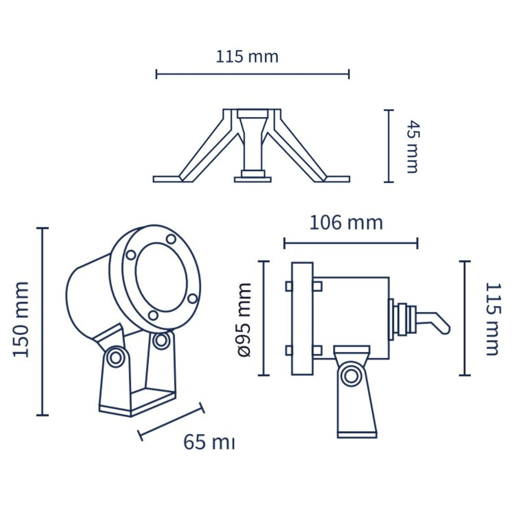 Dibujo técnico de un foco con dimensiones.
