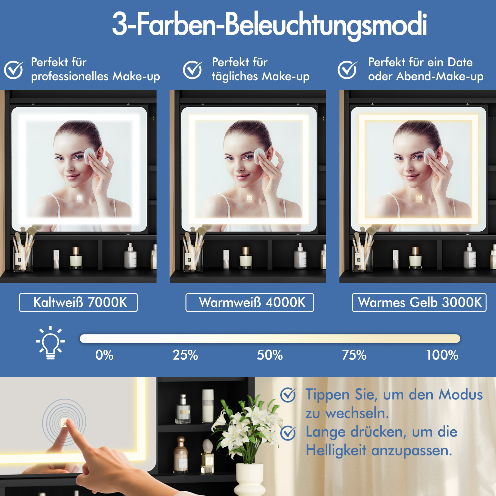Drei Make-up-Lichtmodi: Kaltweiß, Warmweiß, Gelb. Helligkeit regelbar.