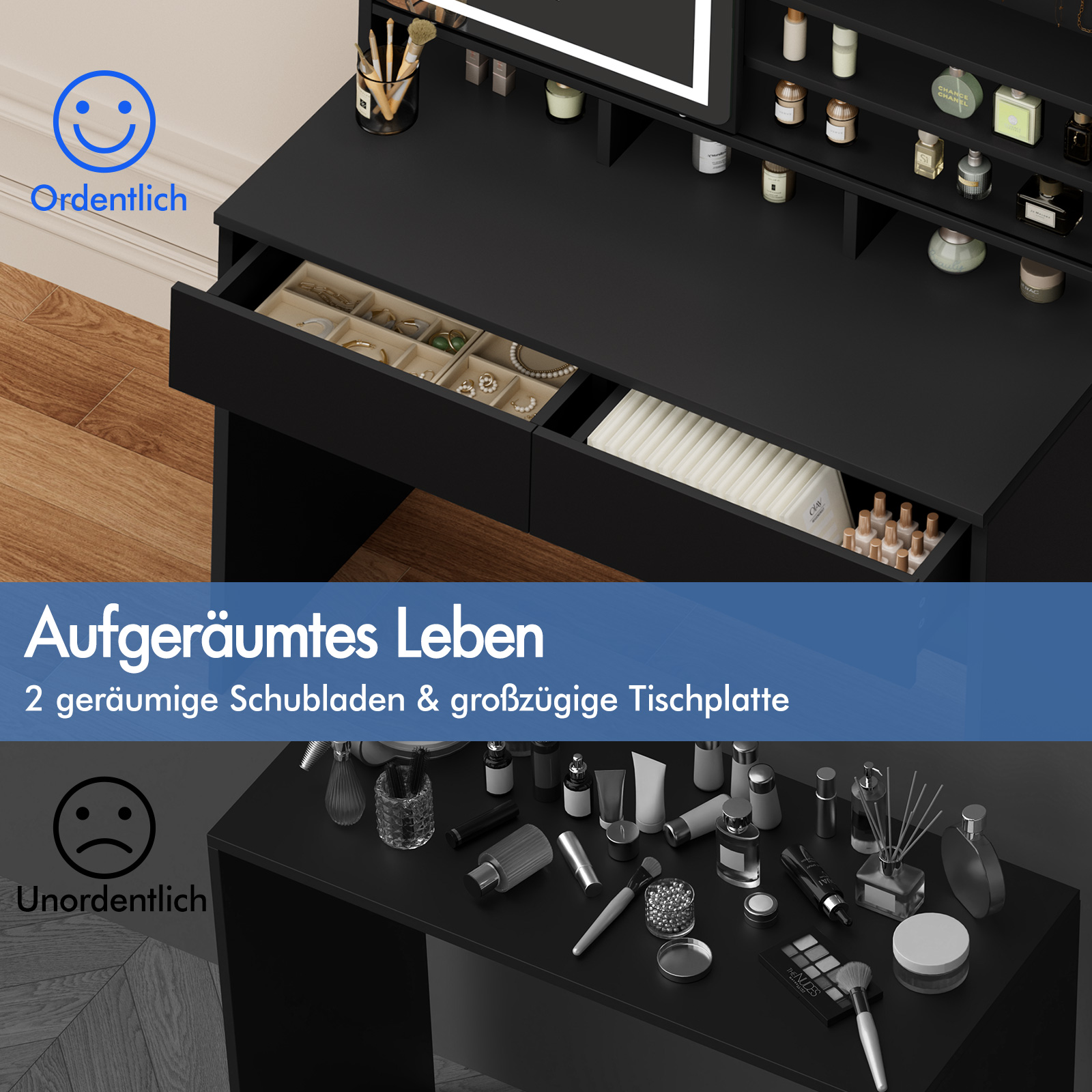 Schwarzer Schminktisch mit Spiegel, offenen Schubladen mit Schmuck und Kosmetik.