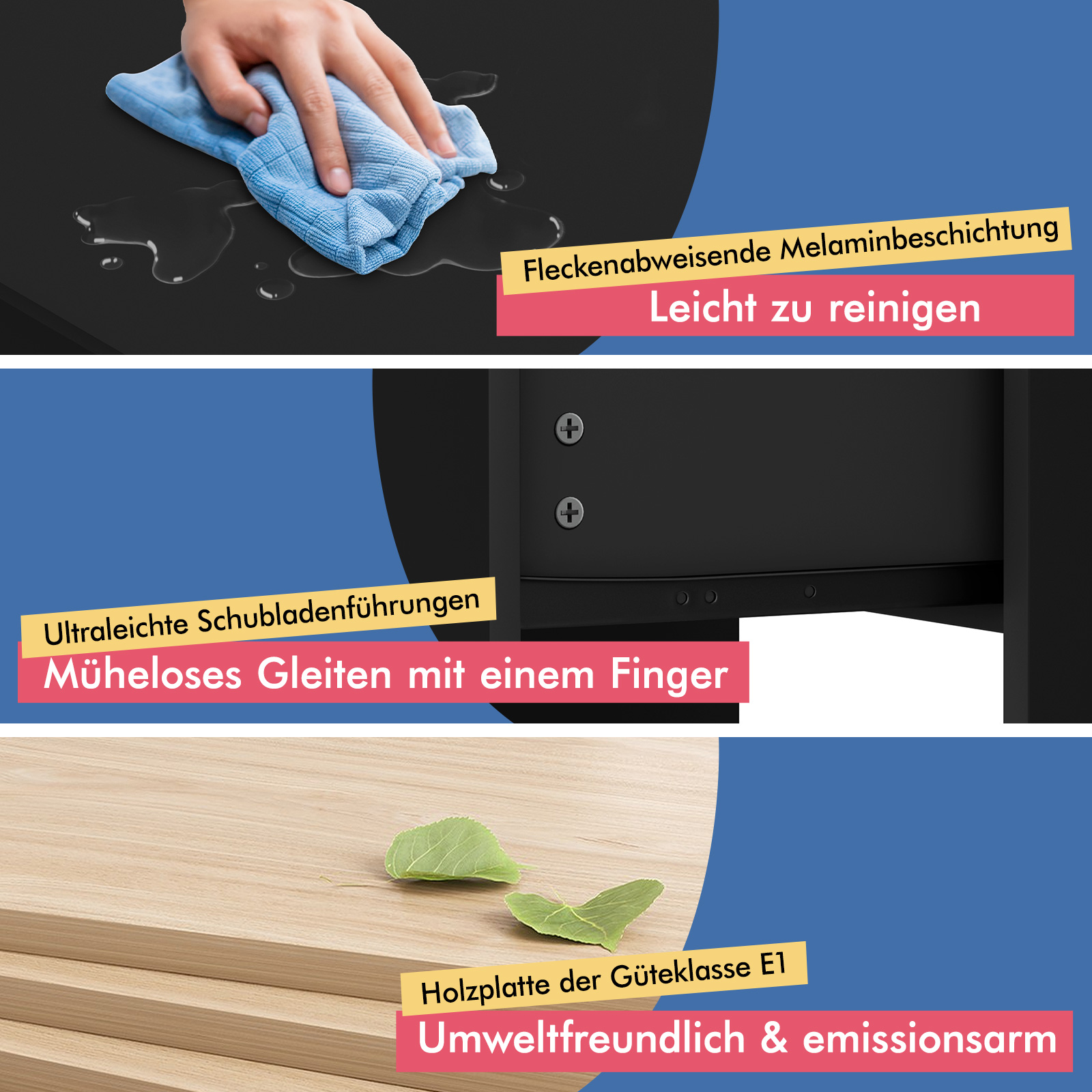 Schwarze Oberfläche mit Wasserflecken, die abgewischt werden. Leicht zu reinigen.