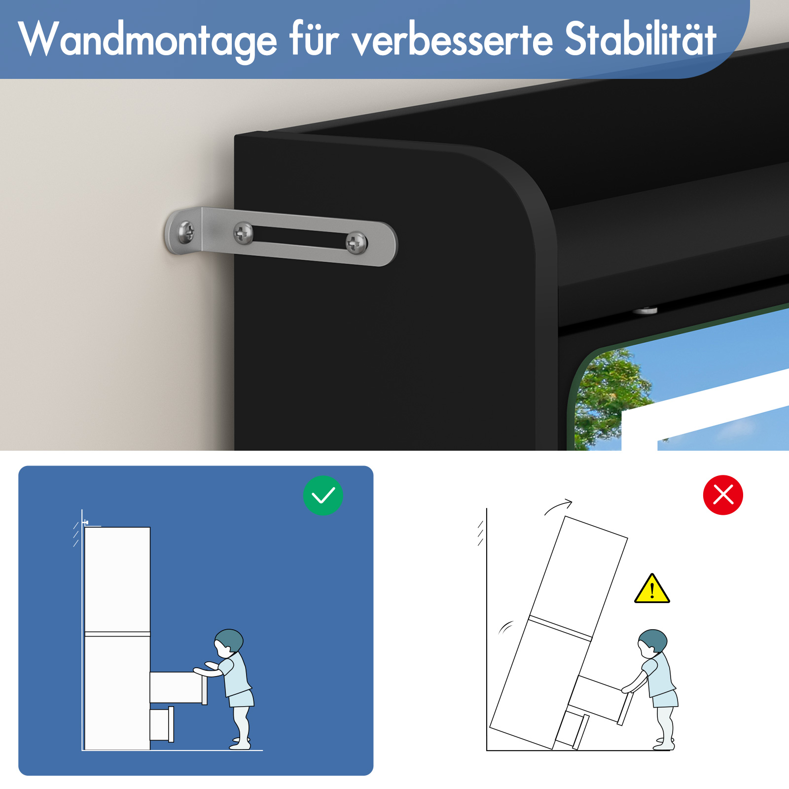 Wandmontage für verbesserte Stabilität. Unten: Kind sichert Möbel, rechts: Kippgefahr.