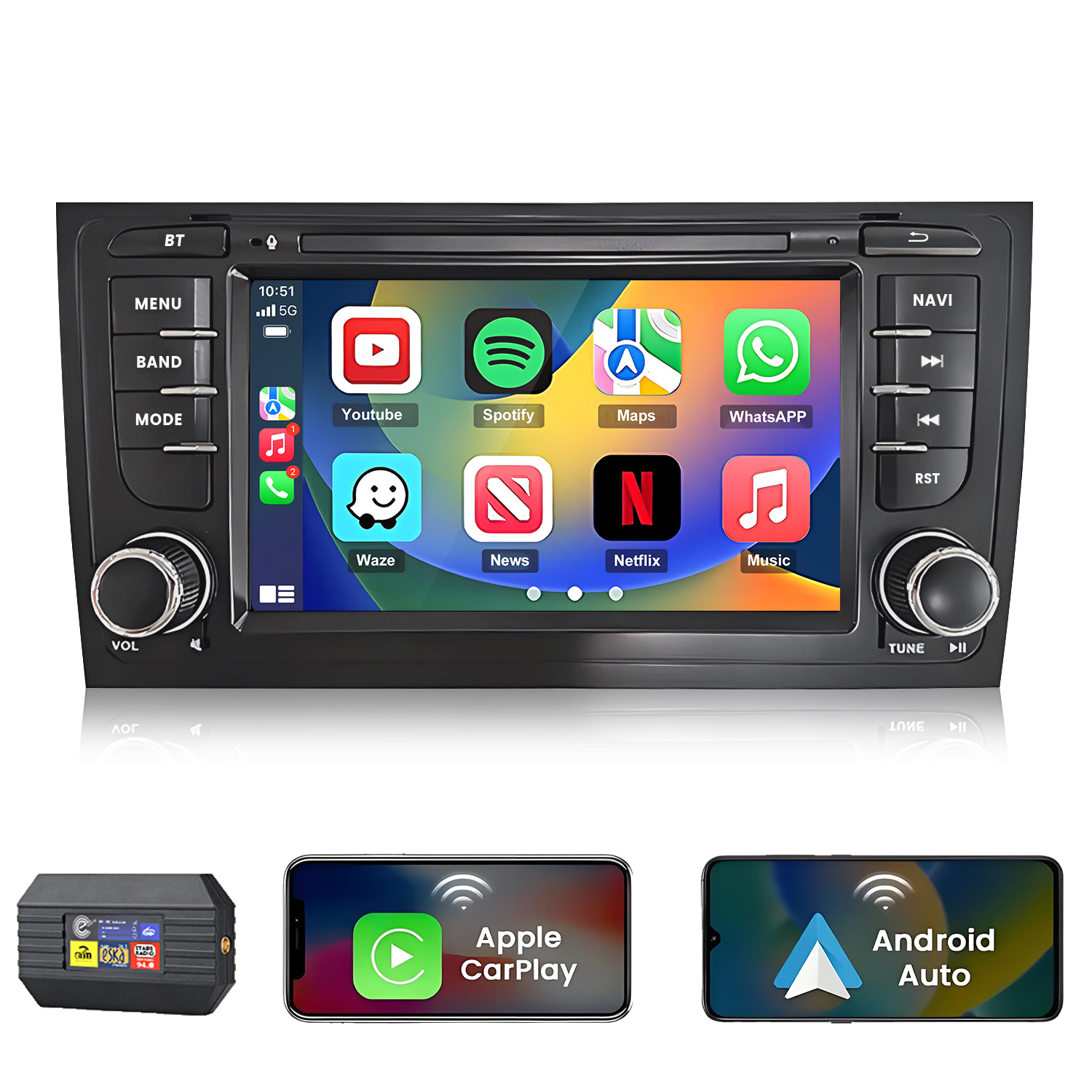 Ein Autoradio mit App-Symbolen, Apple CarPlay und Android Auto.