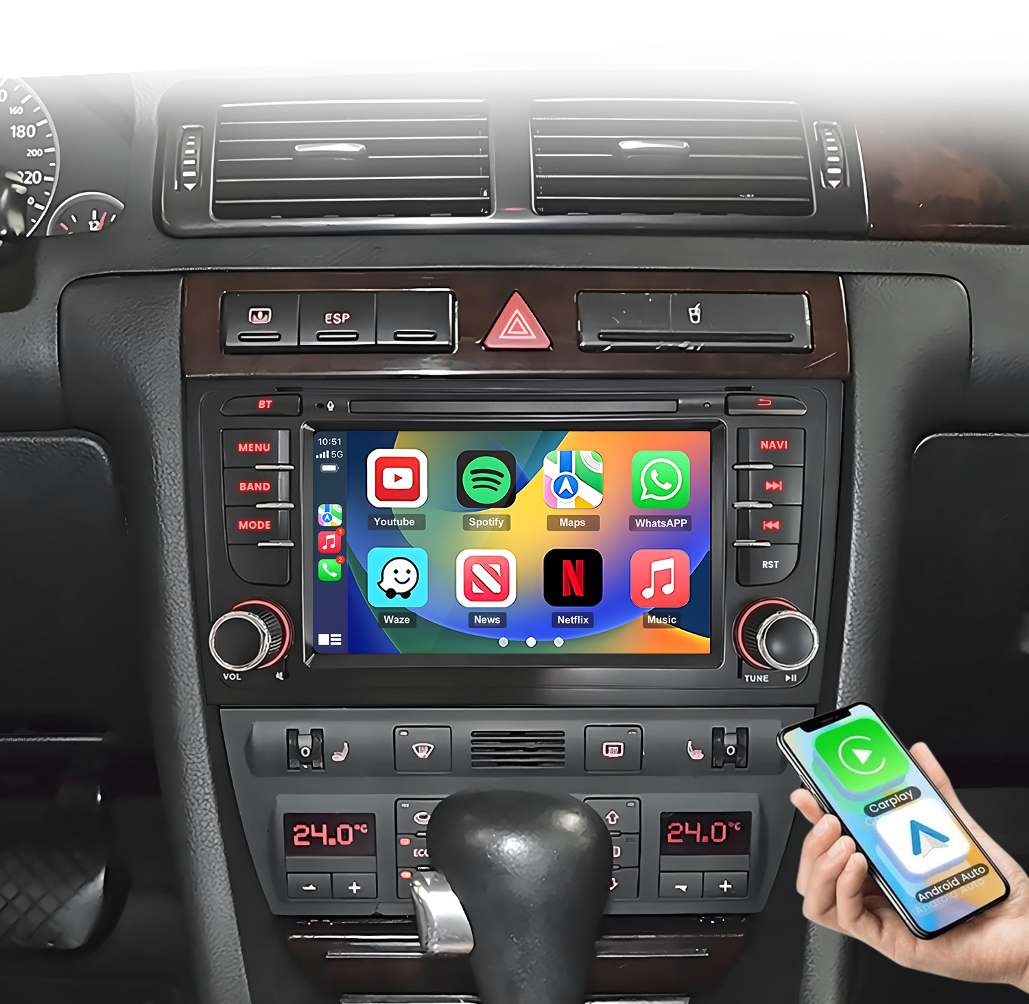 System infotainmentu samochodowego z integracją smartfona pokazujący aplikacje jak YouTube, Spotify, Netflix.