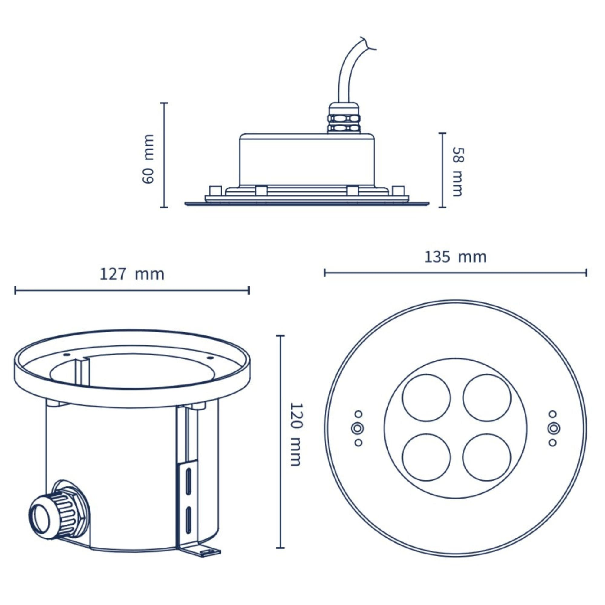 Dibujo técnico de una luz empotrada redonda con dimensiones.