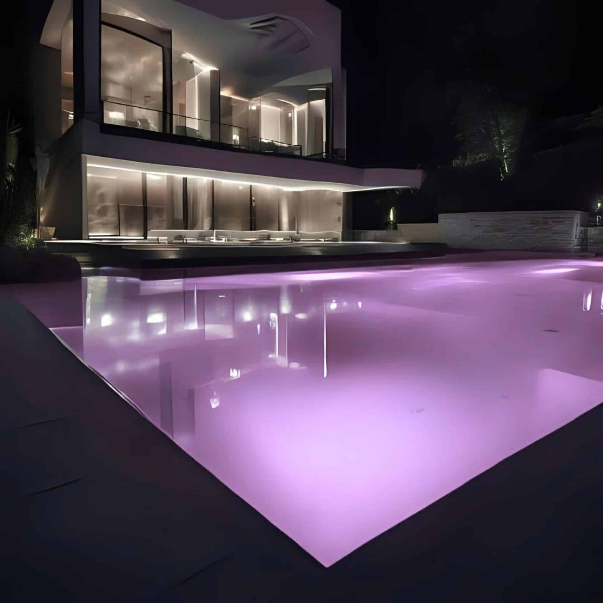 Villa moderna con piscina de noche, iluminada en púrpura.