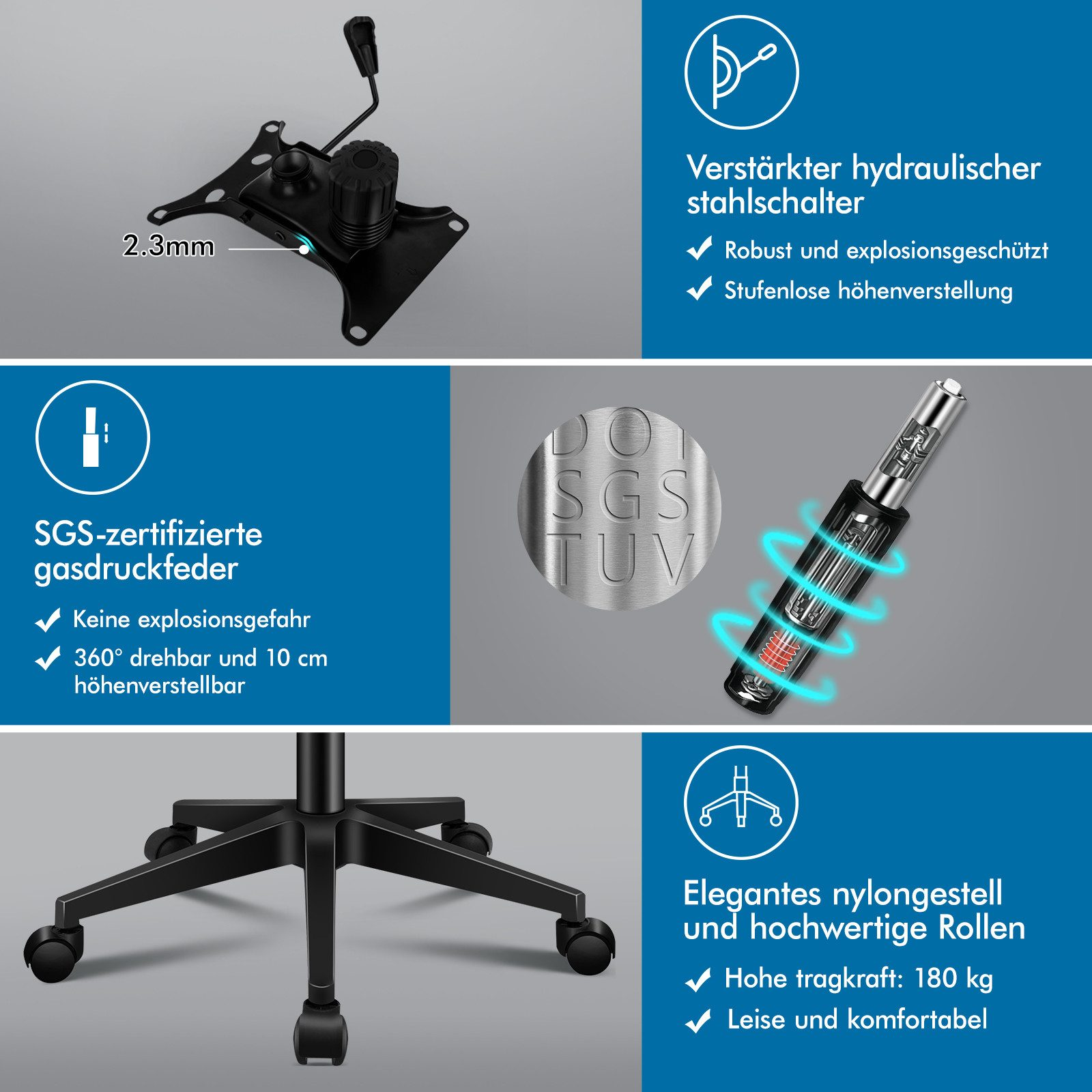 Bürostuhl-Komponenten: Gasdruckfeder, SGS-Siegel, Hydraulikschalter, Nylon-Gestell mit Rollen.