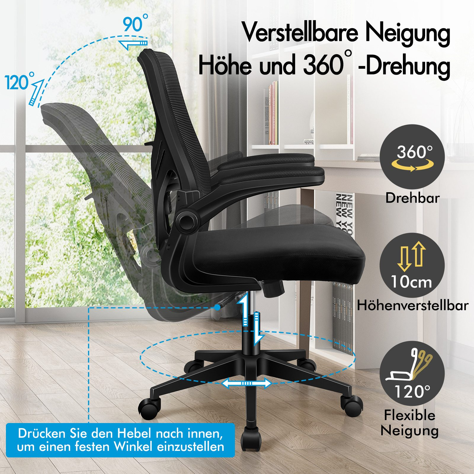 Schwarzer Bürostuhl mit verstellbarer Höhe und 360° Drehung.