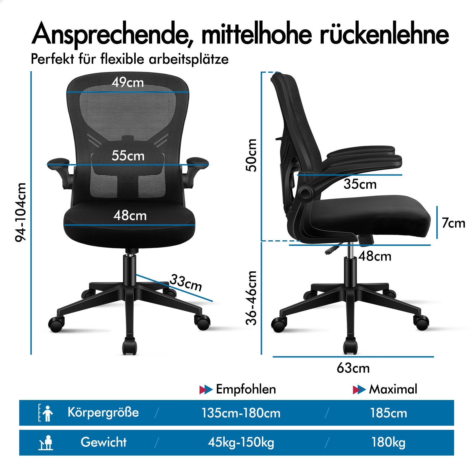 Ein schwarzer Bürostuhl mit Maßen und Empfehlungen für Größe und Gewicht.