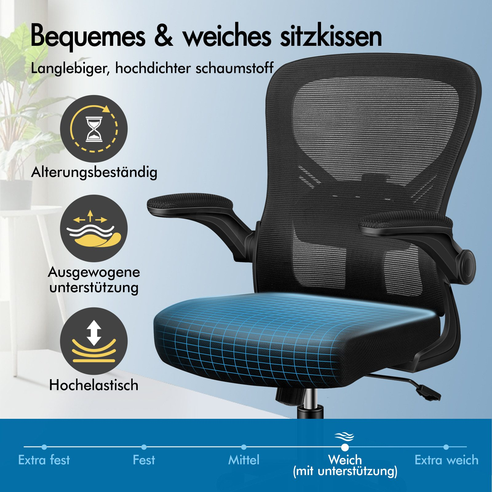 Ein schwarzer Bürostuhl mit Sitzkissen, das Halt und Elastizität bietet.