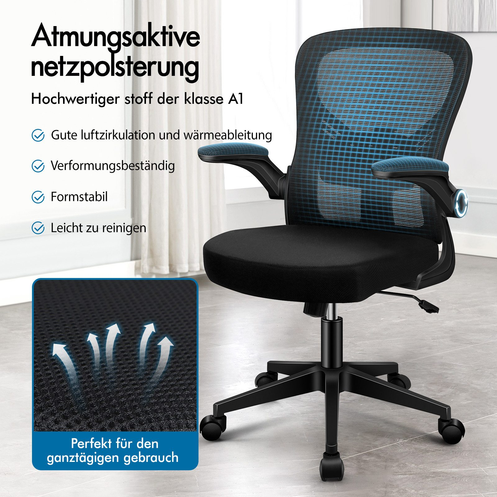 Schwarzer Bürostuhl mit Netzrückenlehne und guter Belüftung.