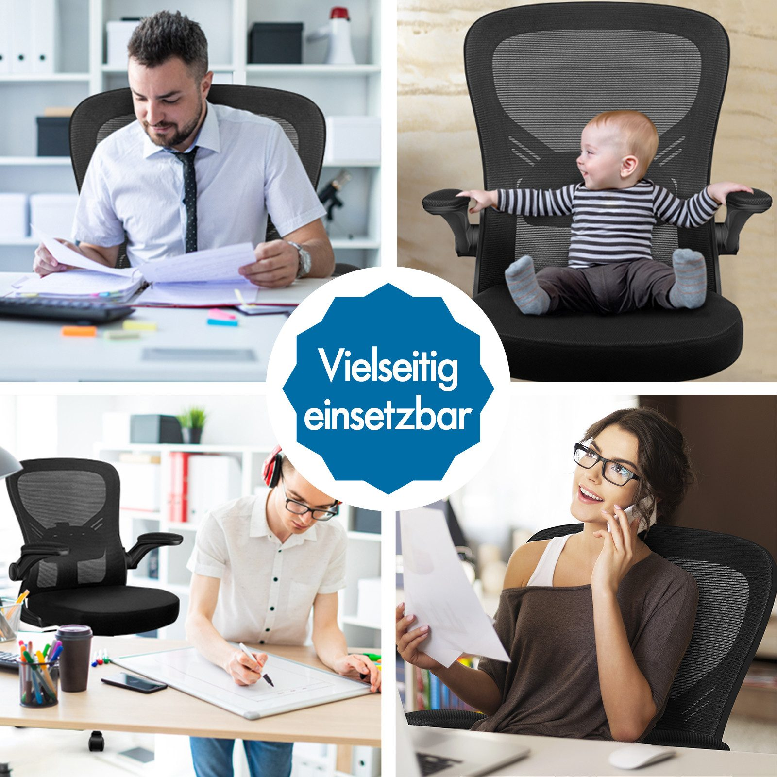 Bürostuhl mit Mann, Baby, Frau und Schreibkraft. Vielseitig einsetzbar.