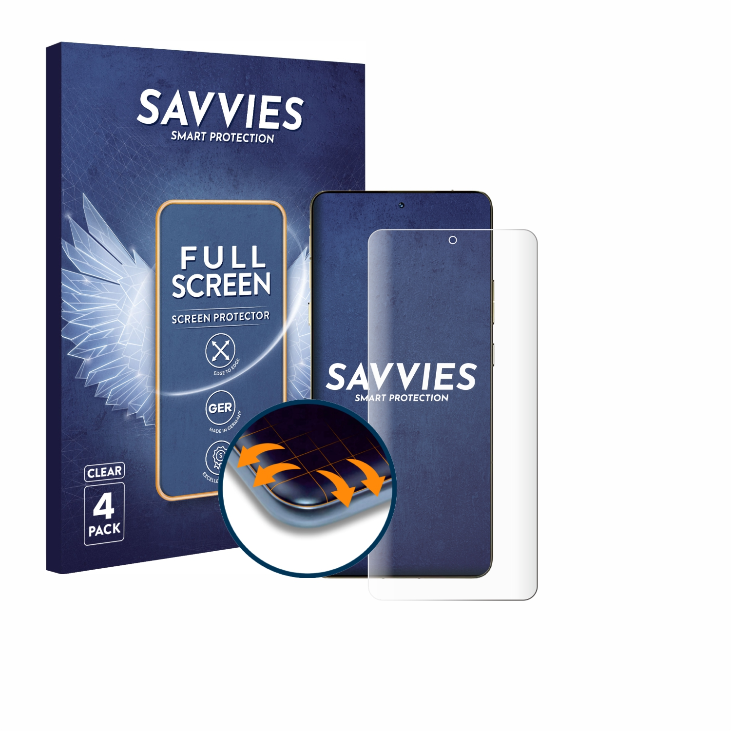 Savvies Displayschutzfolie 4er Pack mit Handy-Verpackung.