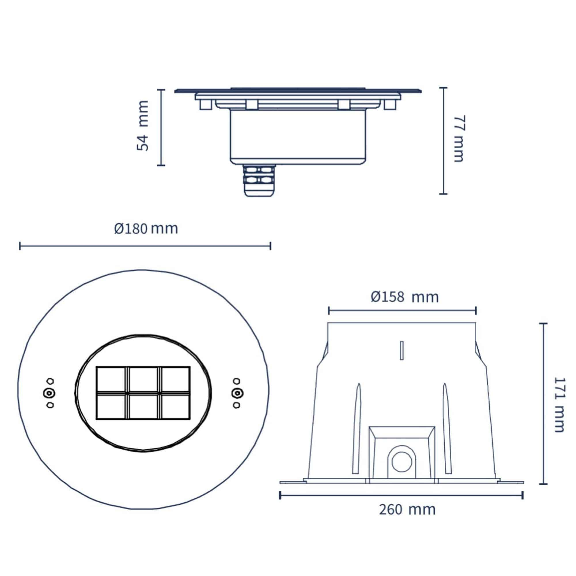 Dibujo técnico de un desagüe con dimensiones: vista superior, lateral y frontal.