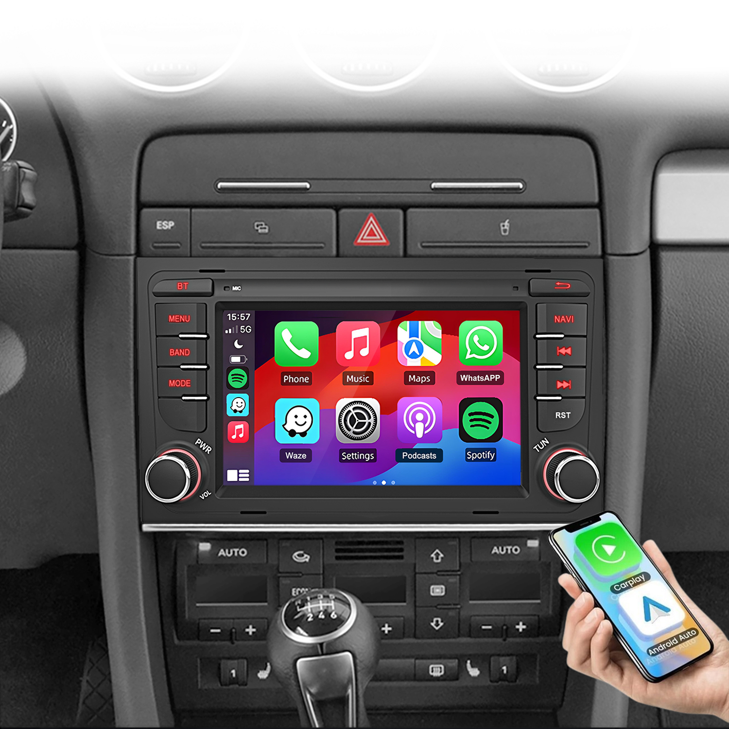System infotainmentu samochodowego z aplikacjami i telefonem pokazującym CarPlay/Android Auto.