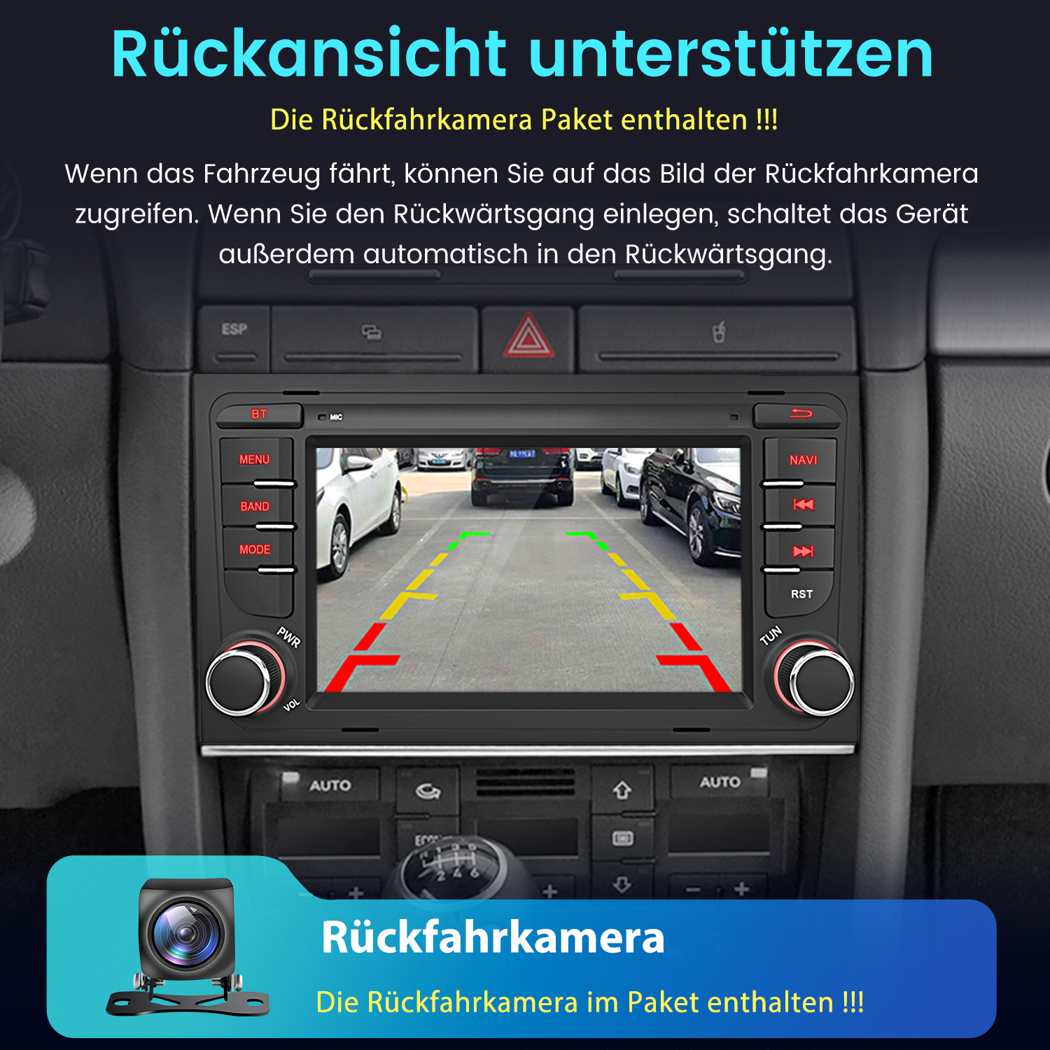 Rückfahrkamera-Bildschirm in einem Auto mit Rückansicht und Kamera-Symbol.