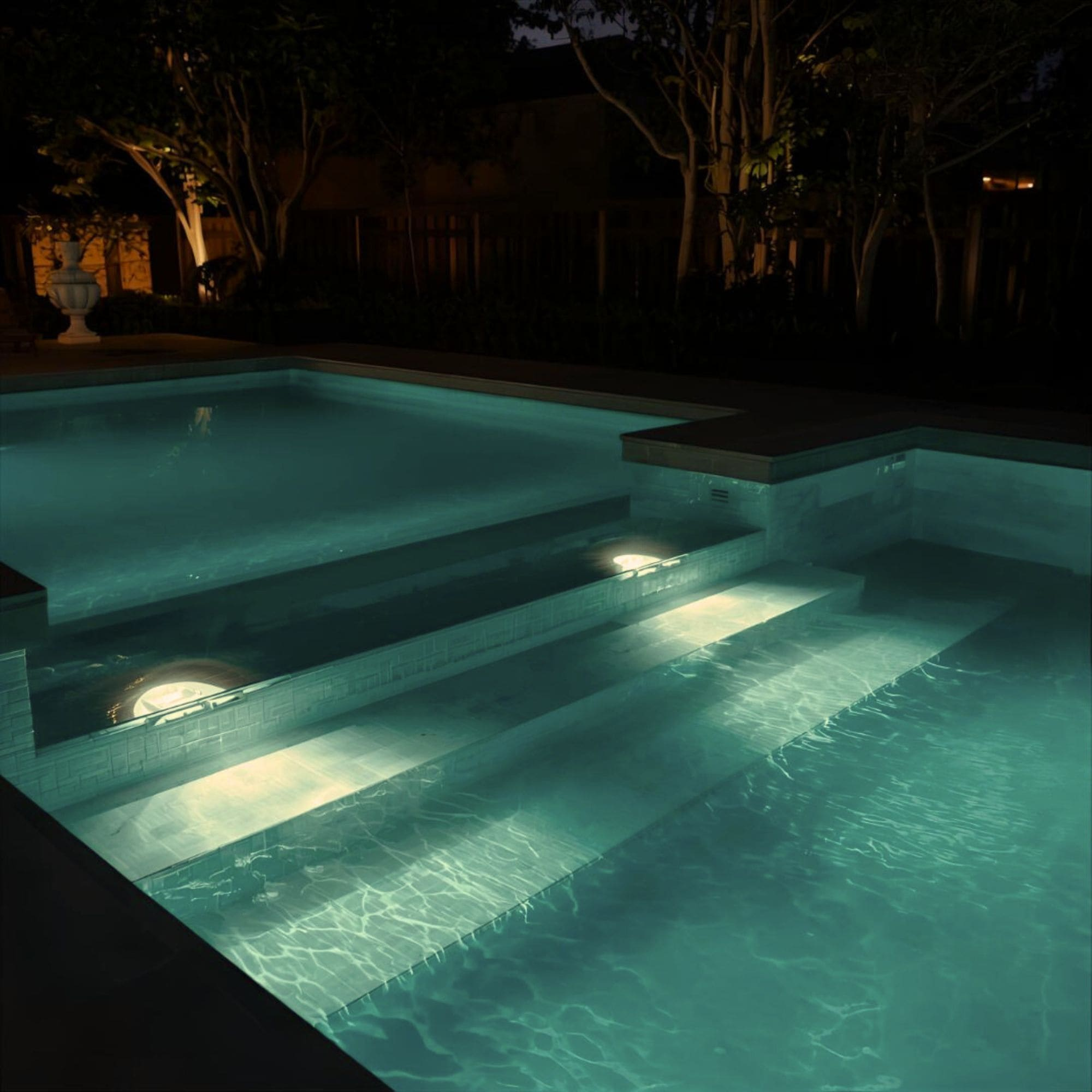 Una piscina iluminada con escalones por la noche. Árboles al fondo.