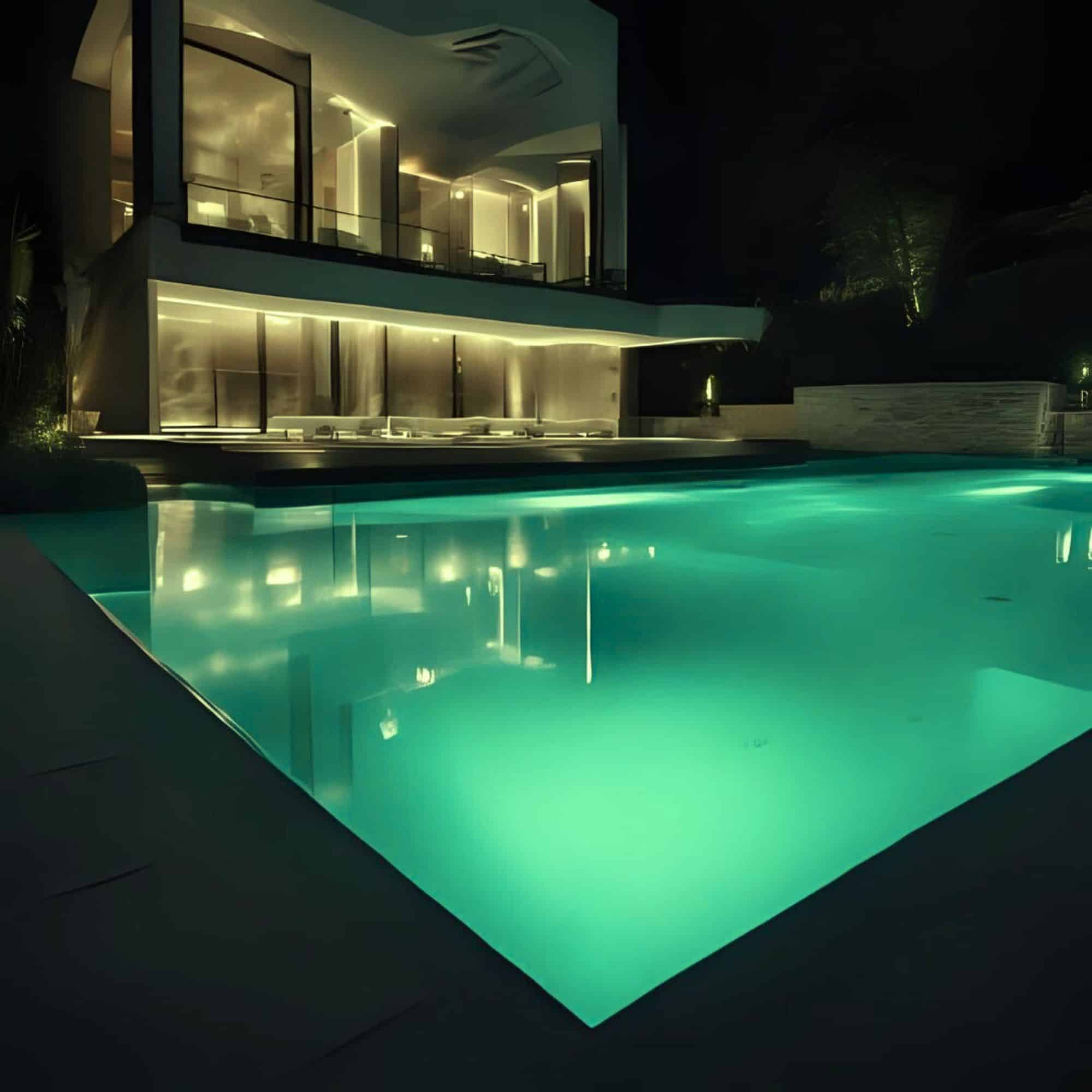 Casa moderna con piscina por la noche. Iluminación verde en el agua.