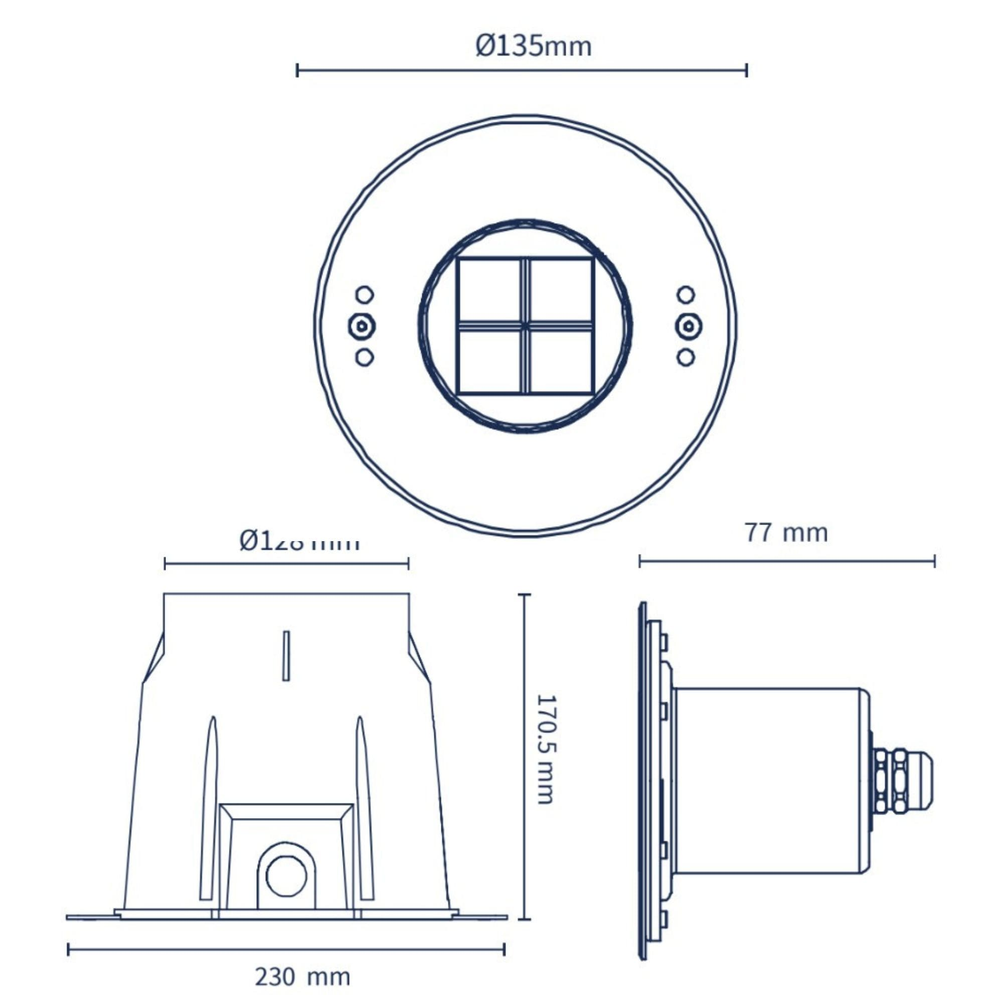 Dibujo técnico de una luz empotrada con dimensiones: Ø135mm, 77mm, 170,5mm, 230mm.