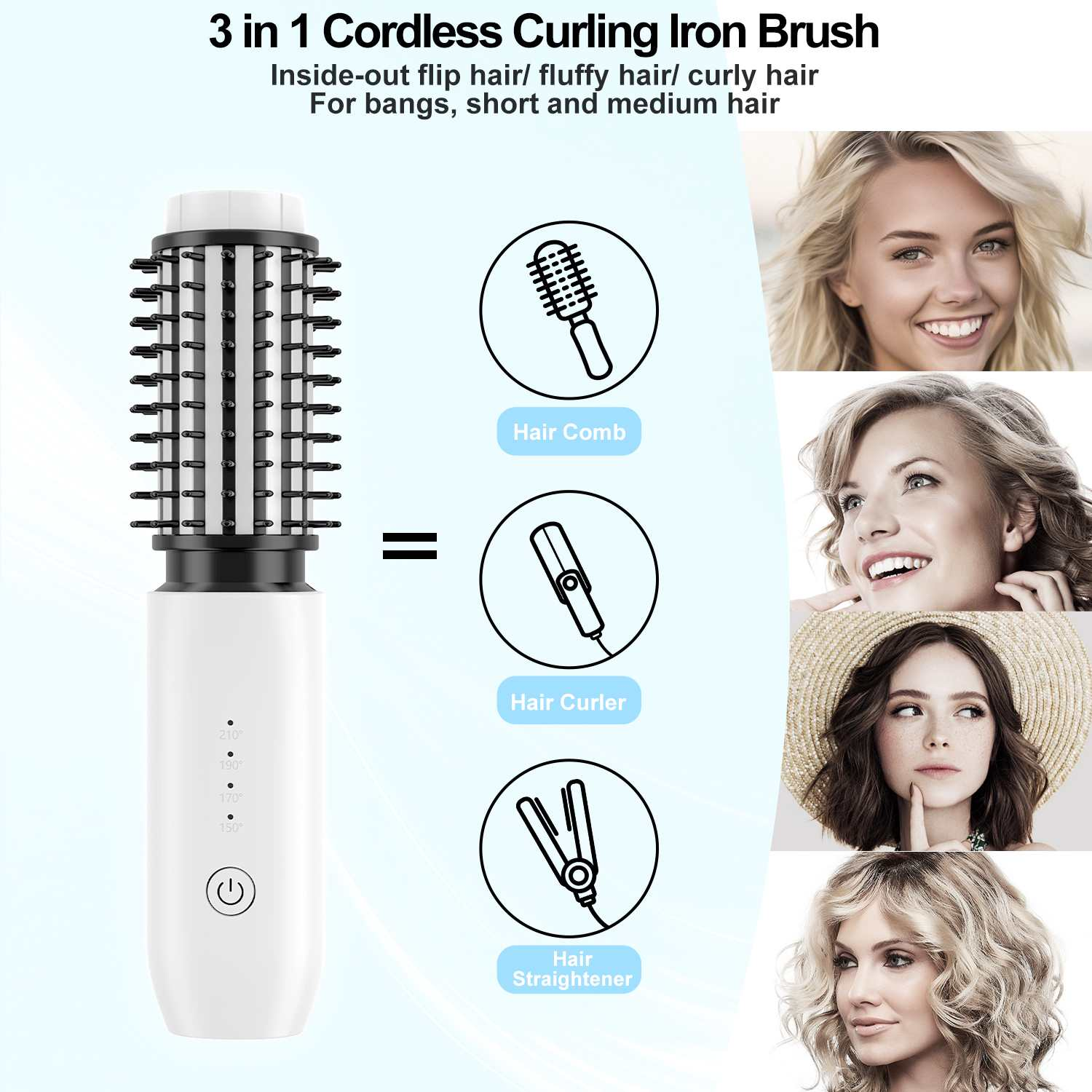 Kabellose 3-in-1 Lockenbürste mit Kamm-, Locken-, Glätteisen-Symbolen und Damenfrisuren.