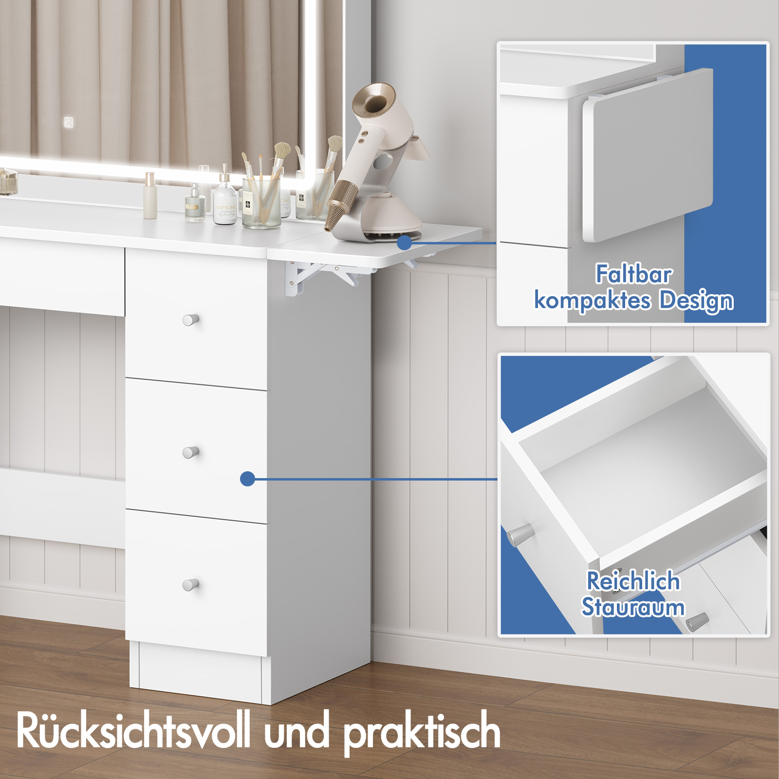 Weißer Schminktisch mit Schubladen, ausklappbarer Tischplatte und Haartrockner.