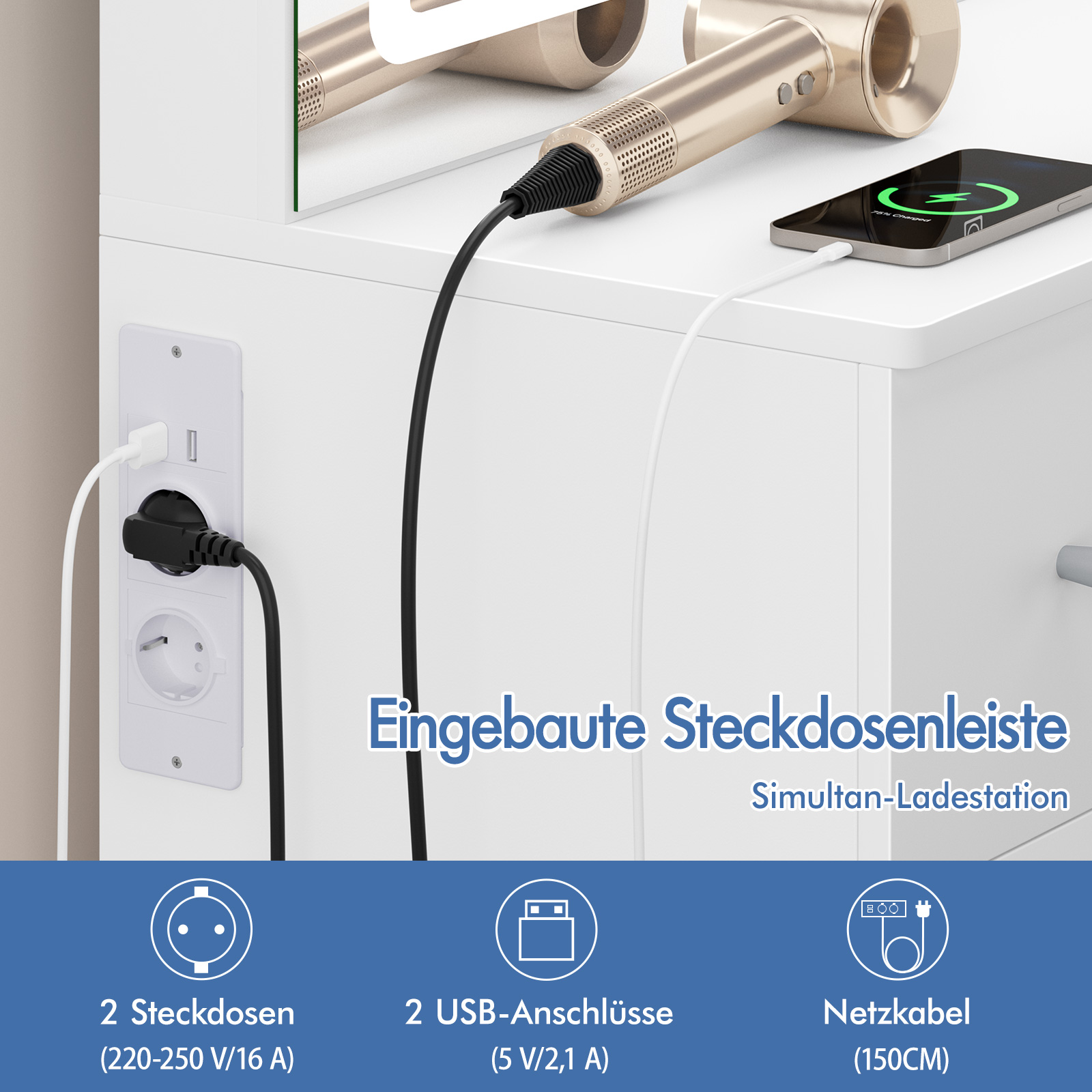 Goldener Haartrockner lädt, Smartphone lädt, Steckdosenleiste mit 2 Steckdosen & 2 USB.