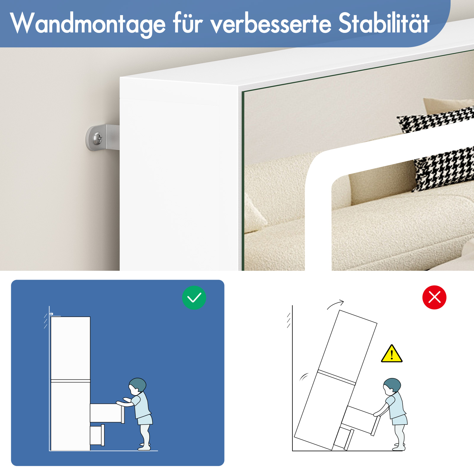 Wandmontage für Stabilität. Kind zieht Möbel aus dem Gleichgewicht.