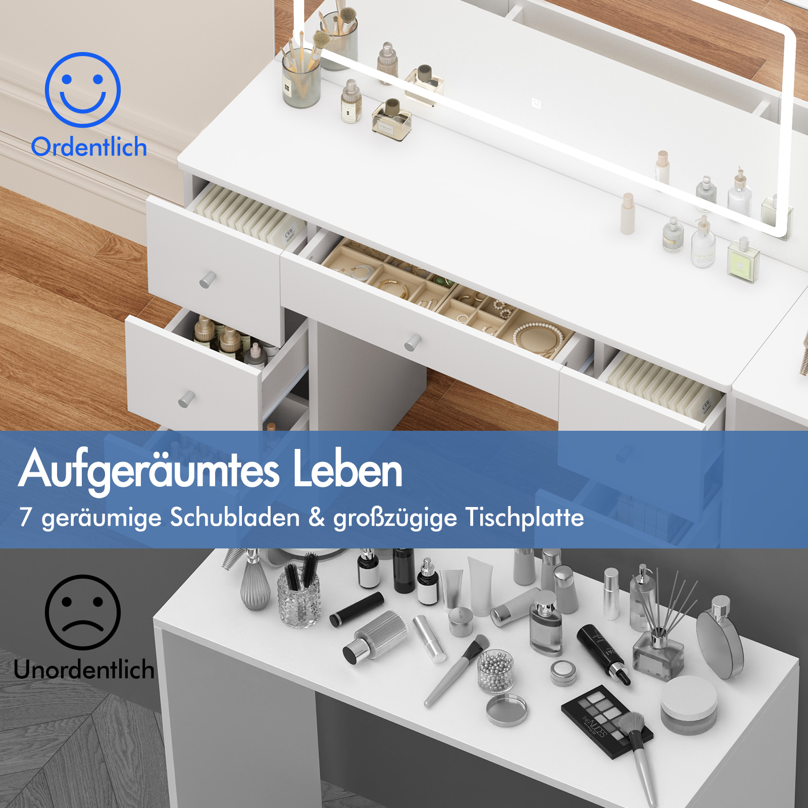 Ein weißer Schminktisch mit offenen Schubladen, gefüllt mit Schmuck und Kosmetik. Spiegel mit Licht.