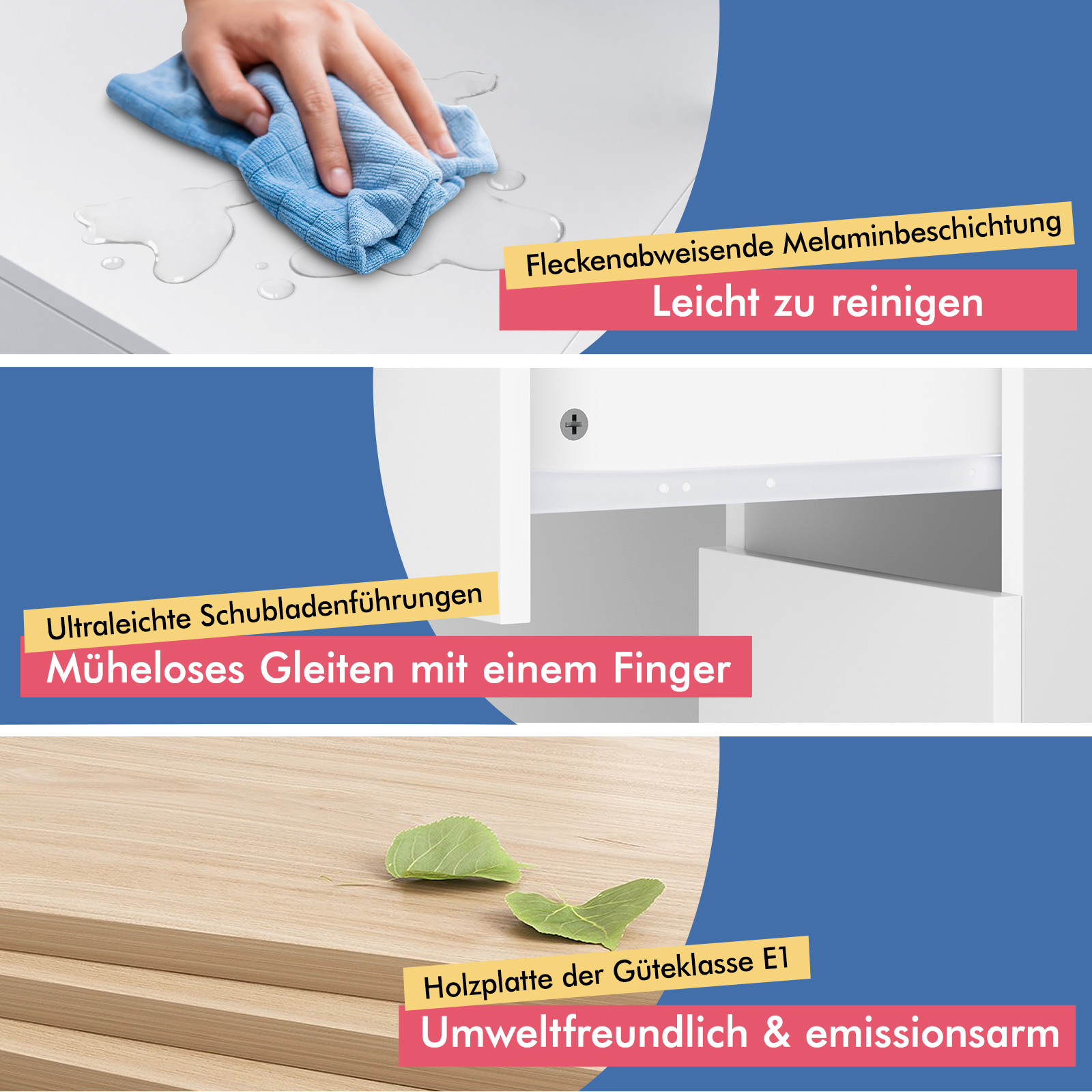 Melaminbeschichtung, leicht zu reinigen, ultraleichte Schubladenführungen, umweltfreundliche Holzplatte.
