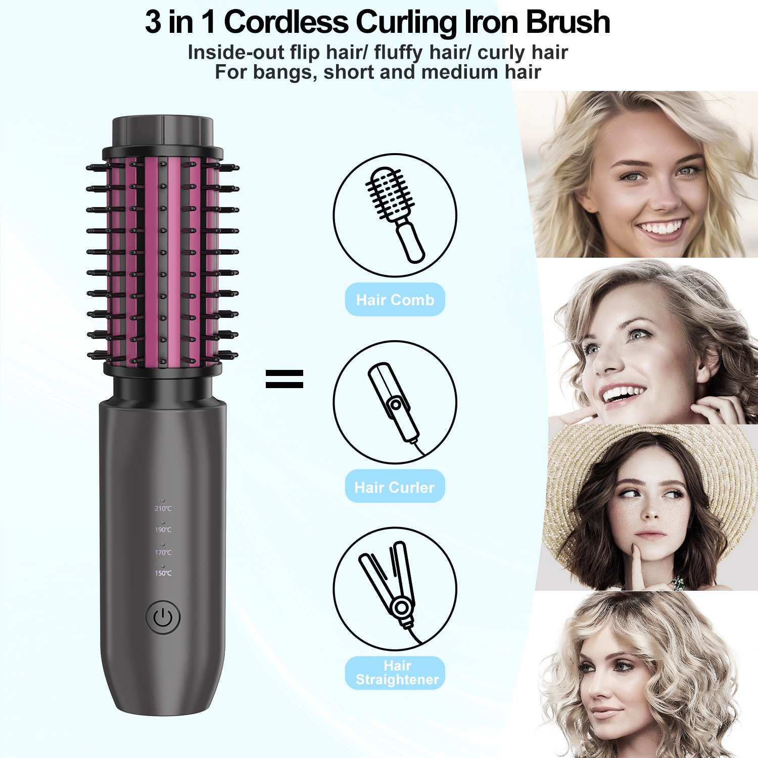 3-in-1-Haarstylinggerät mit rotierendem Bürstenaufsatz, Lockenstab und Glätteisen.