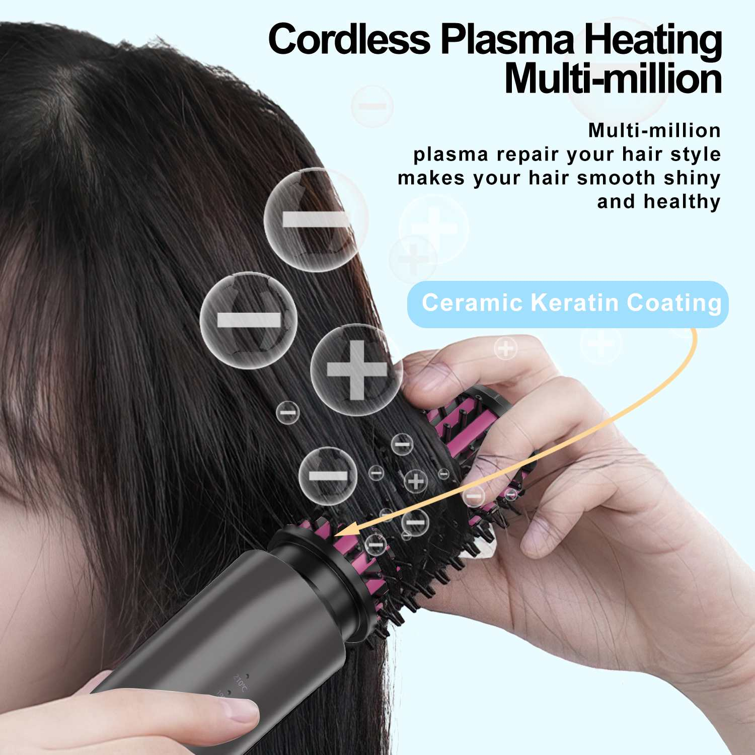 Eine Hand benutzt ein Haarglättungswerkzeug mit Plasmaheizung an dunklem Haar.