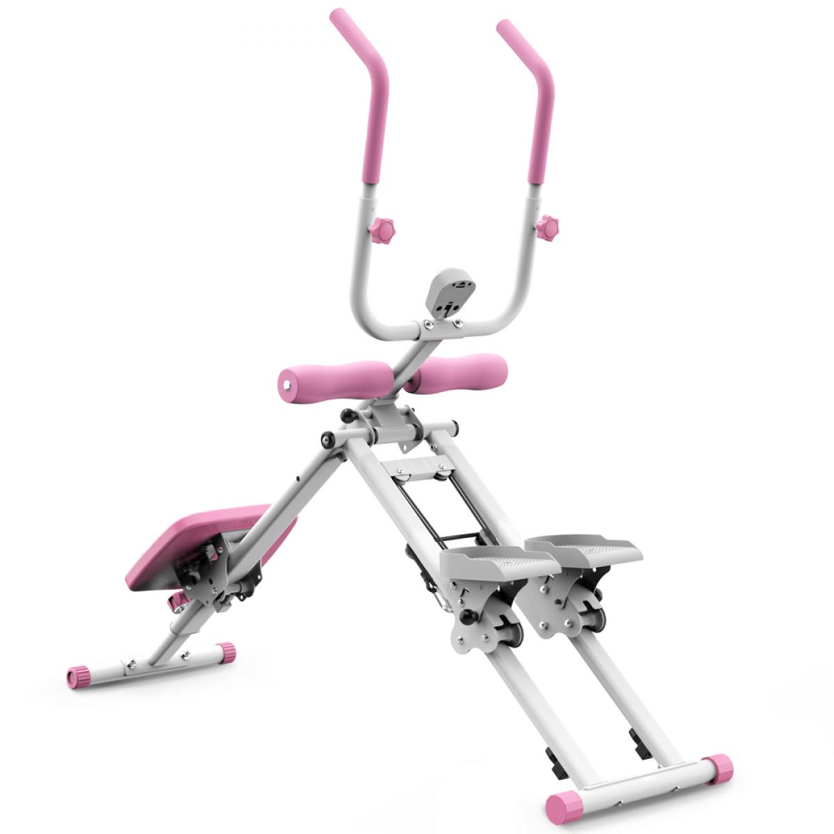 Ein rosa und weißer Heimtrainer mit gepolsterten Griffen und einer Sitzfläche.