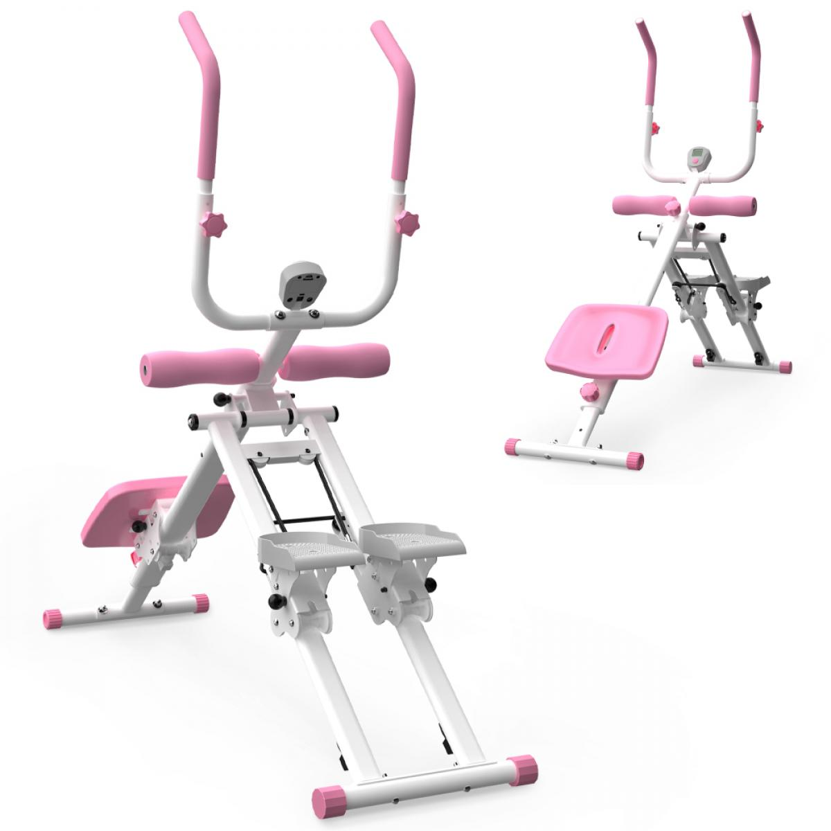 Ein rosa und weißer Heimtrainer mit Trittflächen, einem Sitz und Griffen.