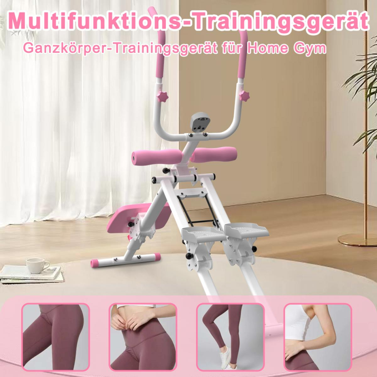 Ein rosa und weißes Heimtrainingsgerät mit Griffen, Sitz und Fußstützen.