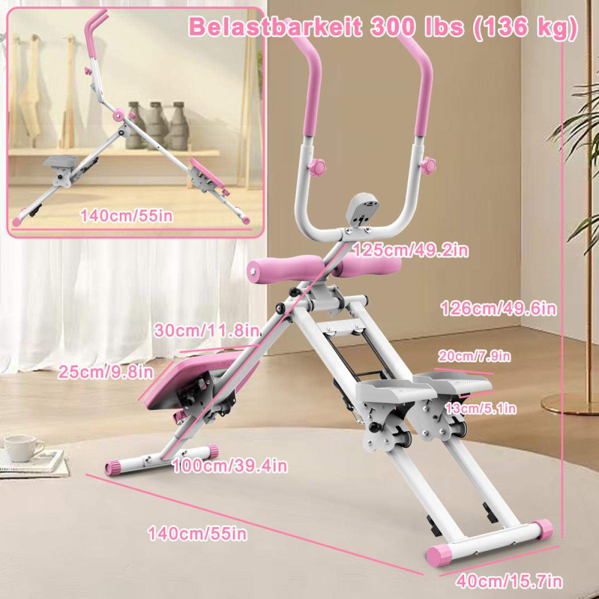 Ein rosa und weißer Bauchtrainer mit Maßangaben. Belastbarkeit 300 lbs.