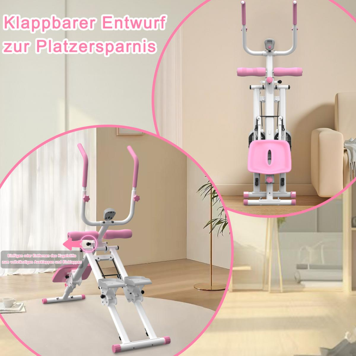 Ein pinker und weißer Heimtrainer zum Zusammenklappen für platzsparendes Design.