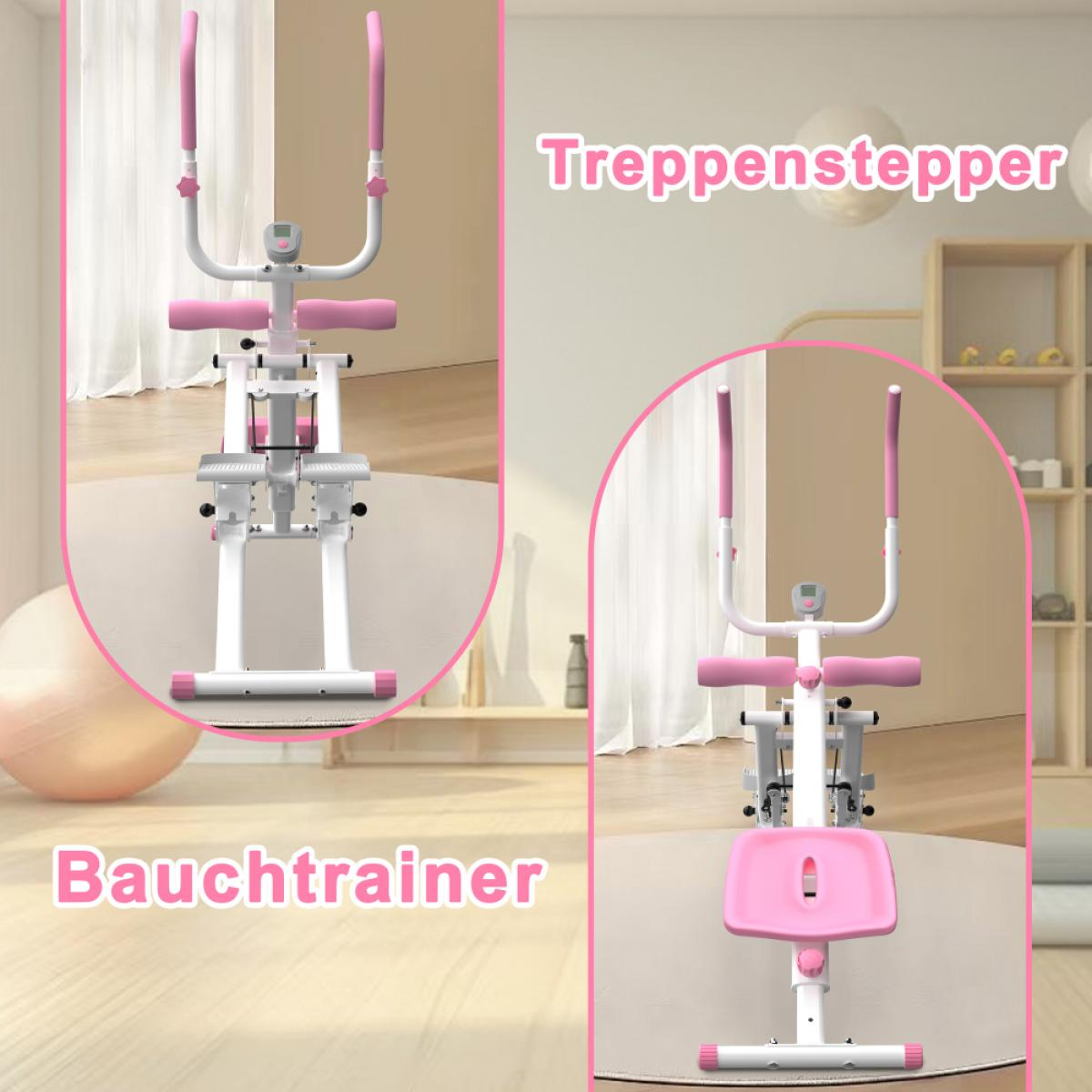 Ein rosa und weißer Bauchtrainer und Treppensteiger mit Griffen und Sitz.